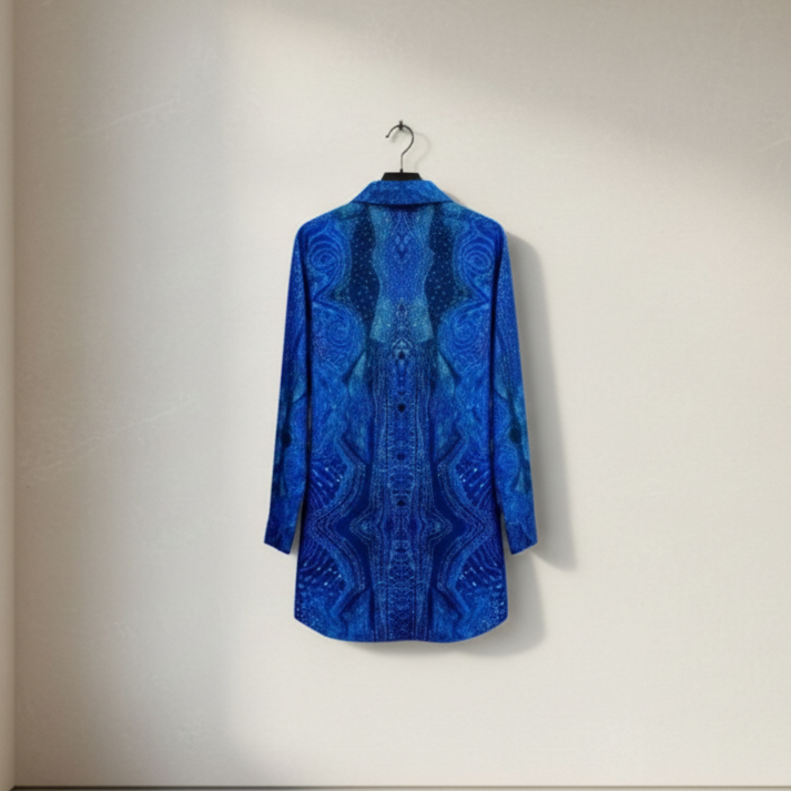 Women's Blue Abstract Pattern Lapel Shirt Dress
