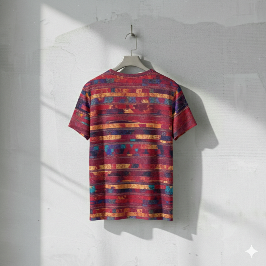 Men's Fiery Red Blue Stripe Texture O Neck T shirt