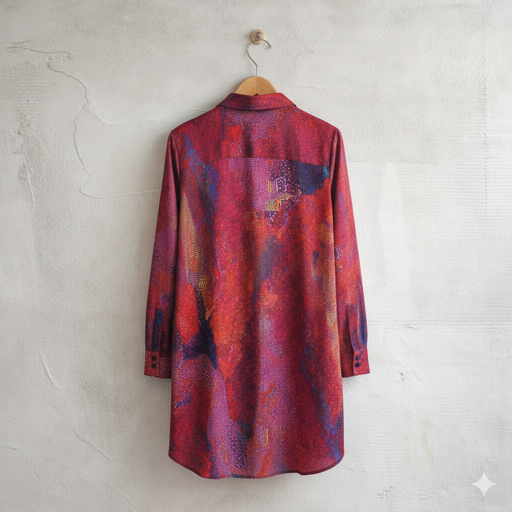 Women’s Crimson Shirt Dress – Custom-Designed Art Print Fashion