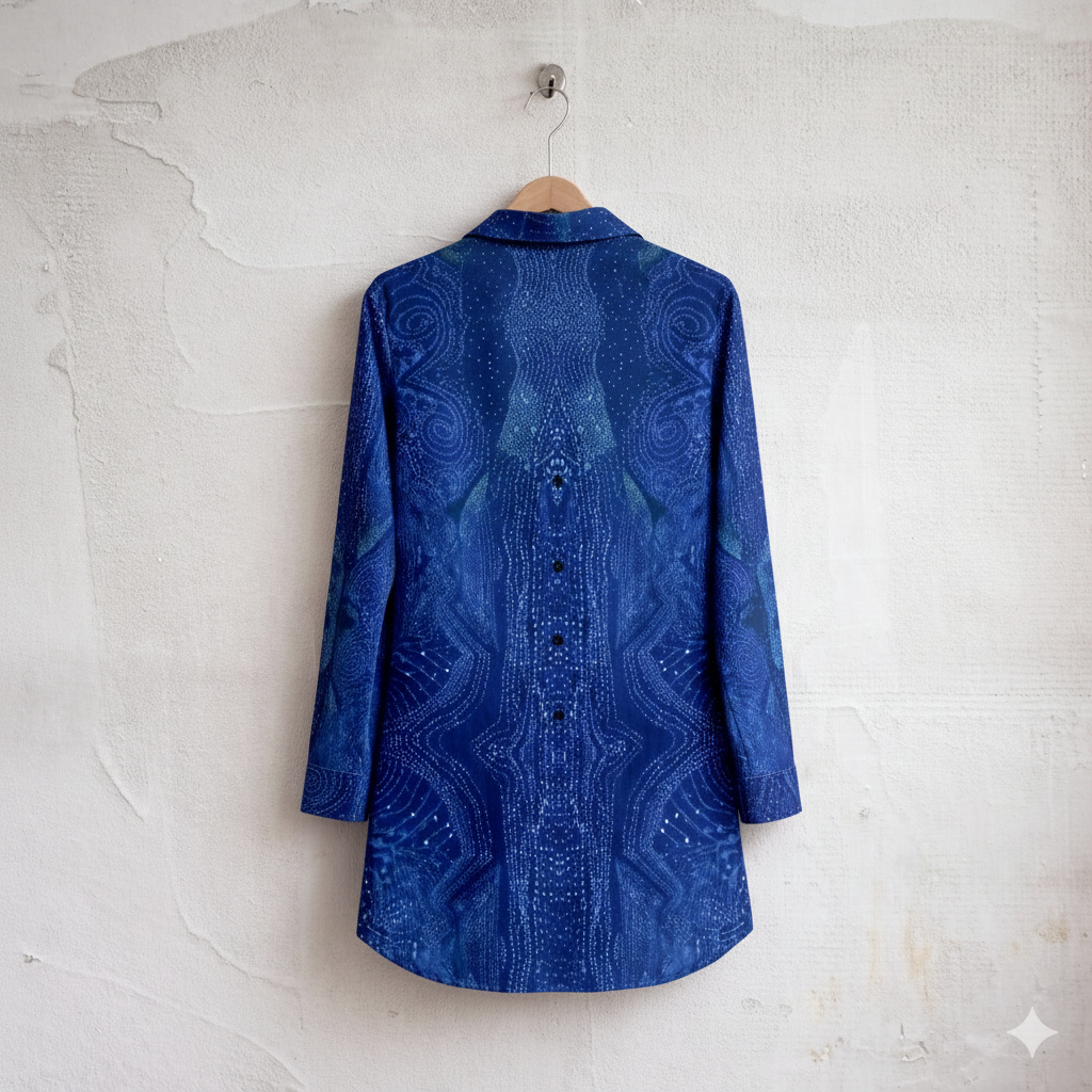 Women's Blue Abstract Pattern Lapel Shirt Dress
