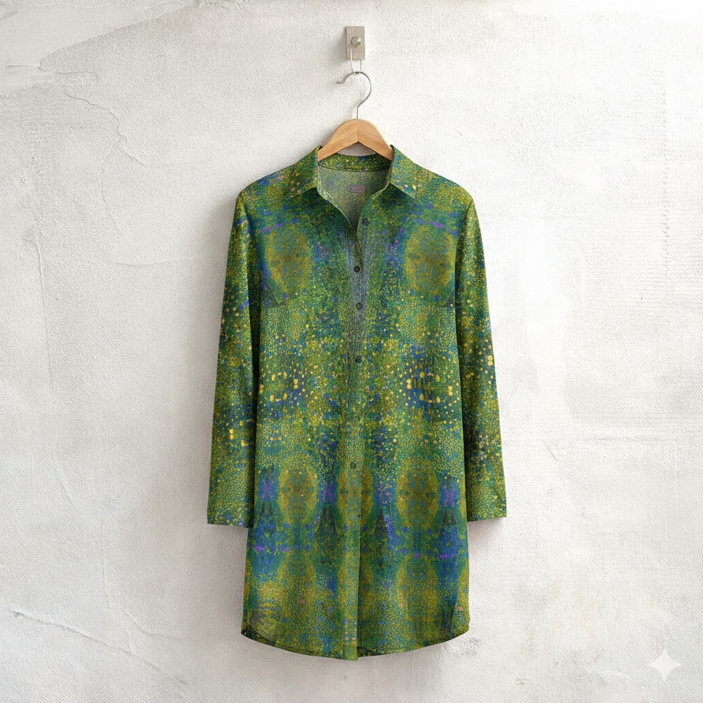 Women's Green Blue Impressionist Pointillism Lapel Shirt