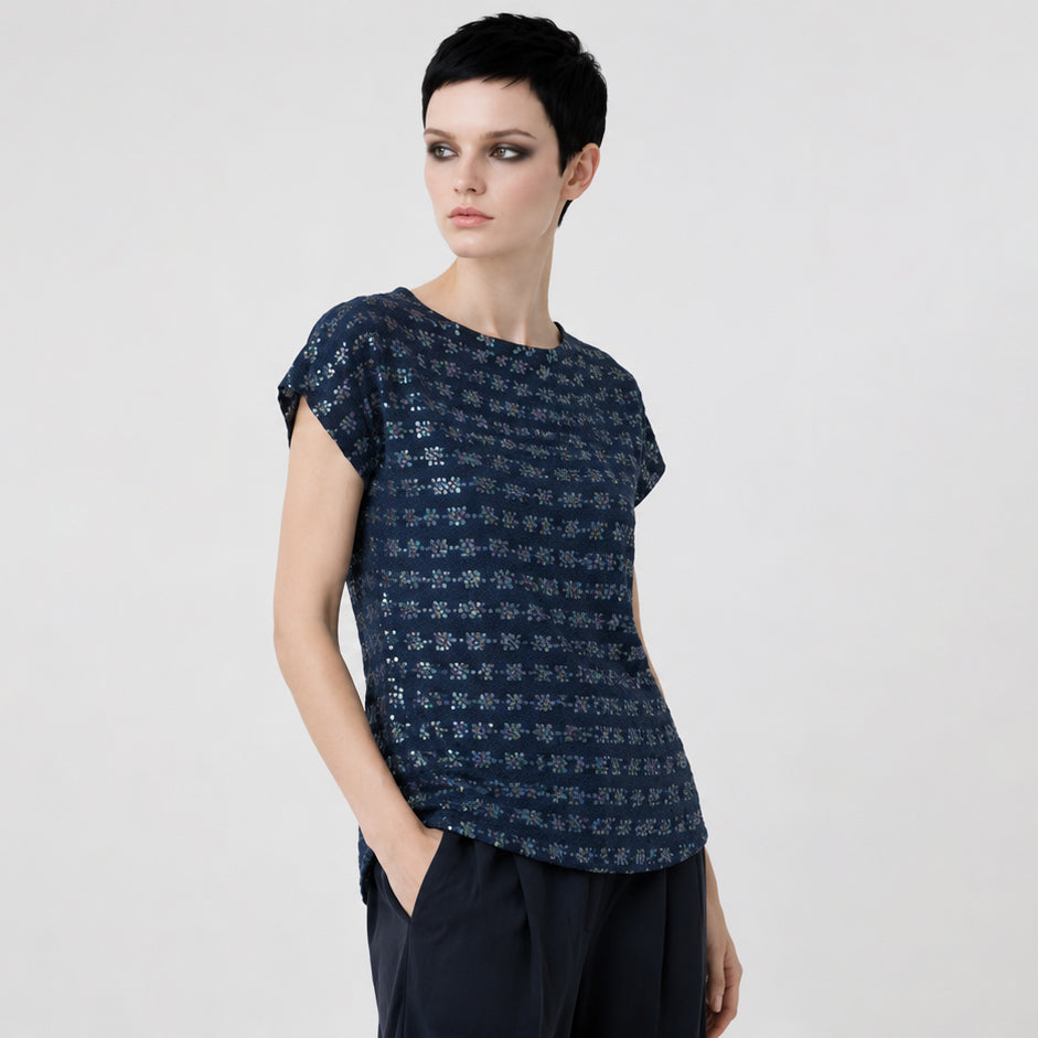 Women's Blue Viscose crepe Top with sequins and embroidery – Lightweight Artistic Cap Sleeve Blouse