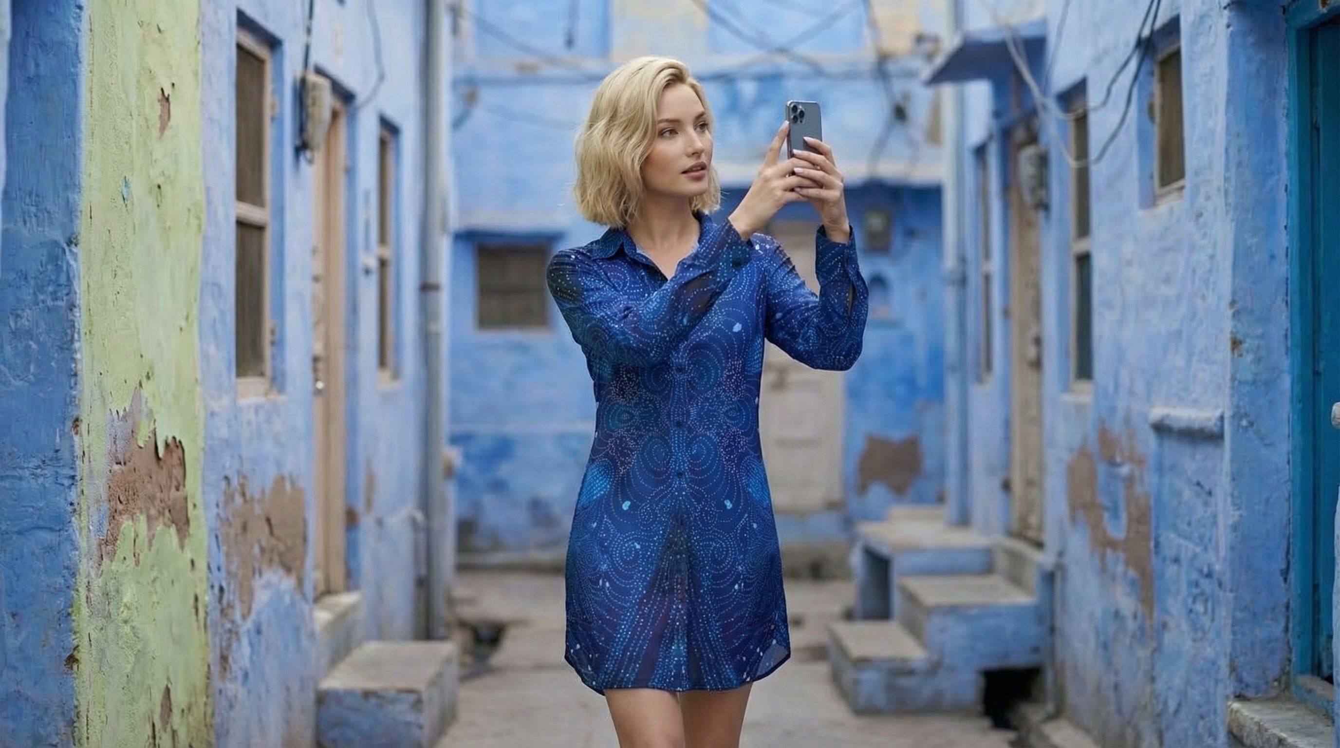 All-Over Print Women's Lapel Shirt Dress With Long Sleeve