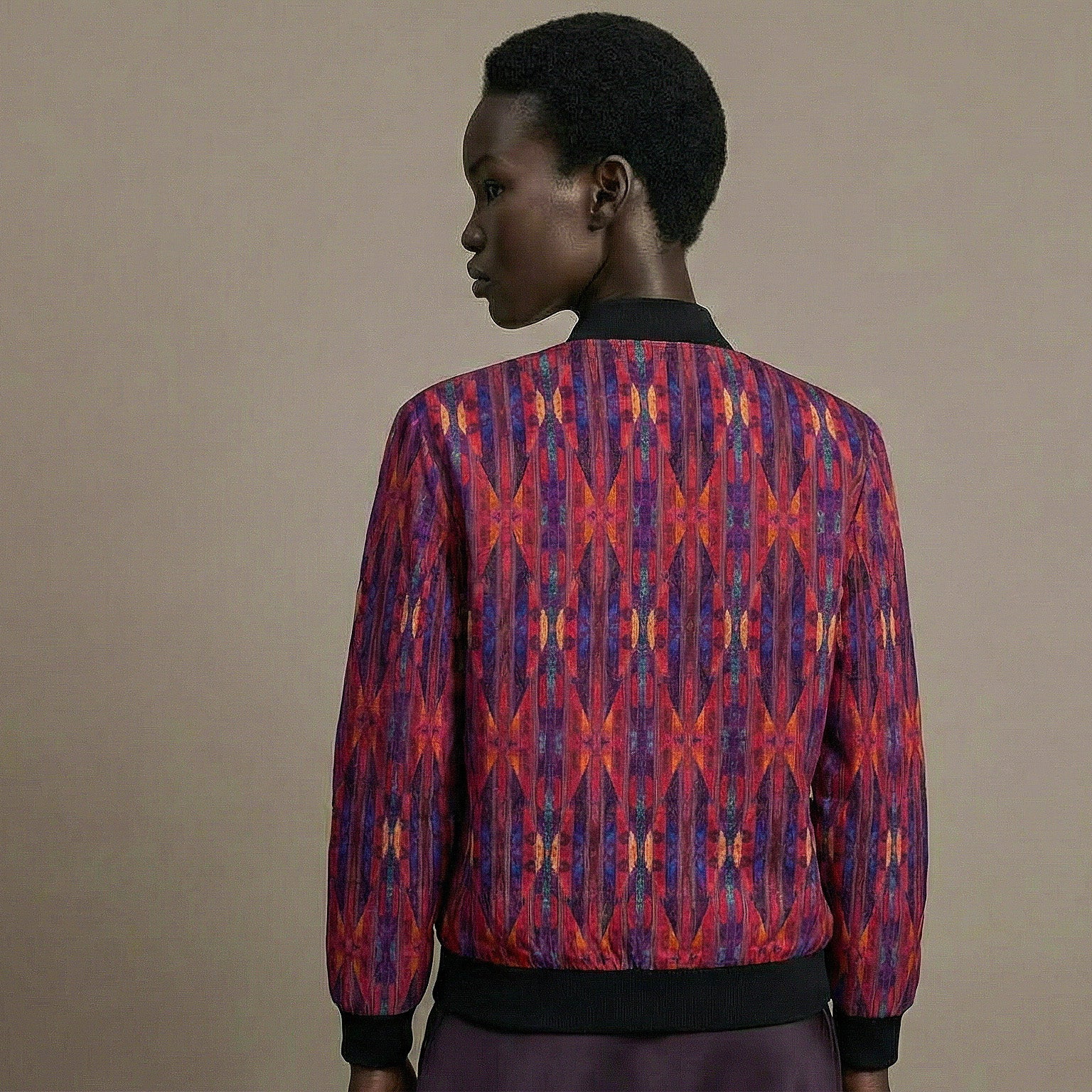 228. Women's Magenta Blue Painted Flame Bomber Jacket