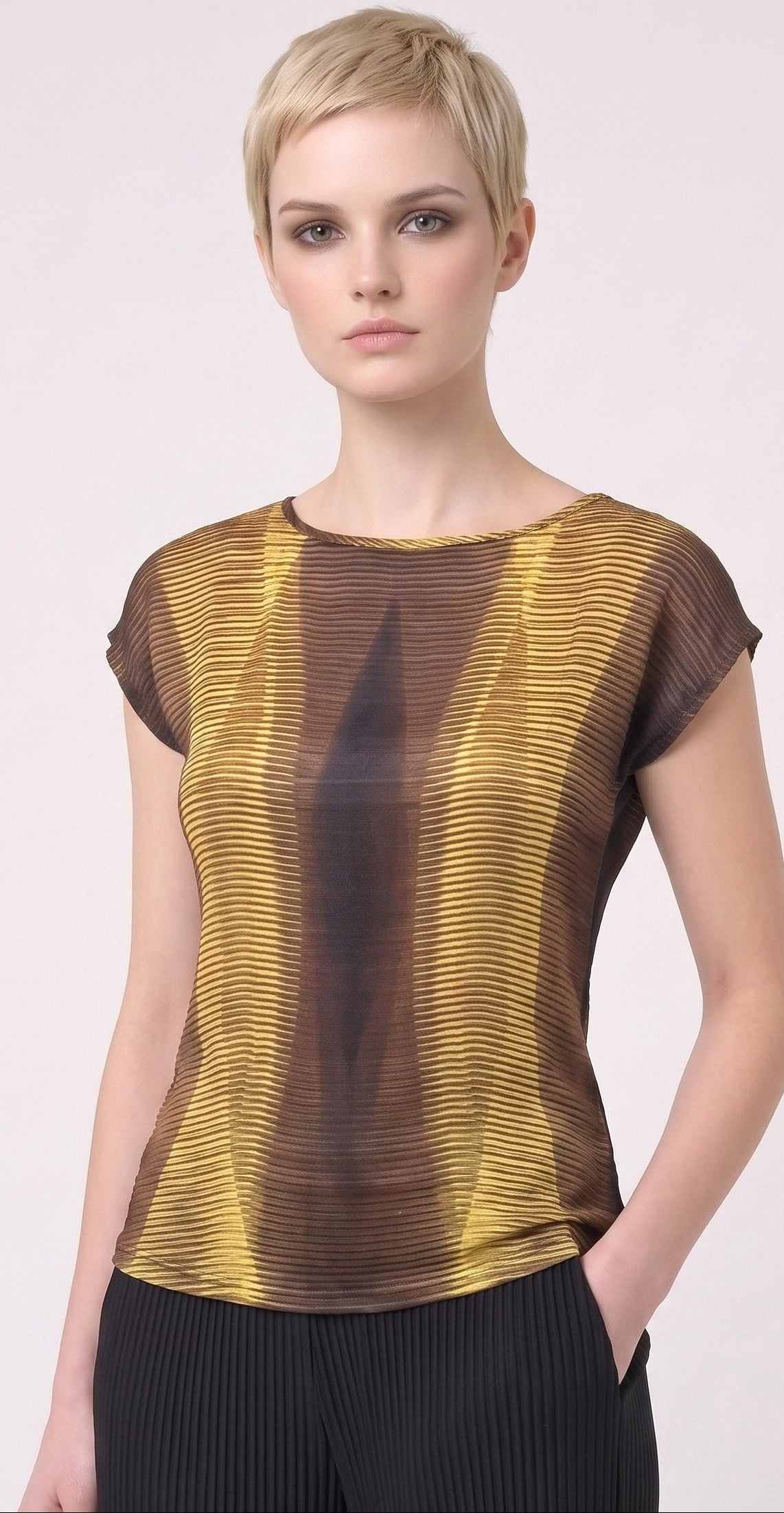 Women's Golden Abstract Print Viscose Chiffon Top – Lightweight Artistic Cap Sleeve Blouse
