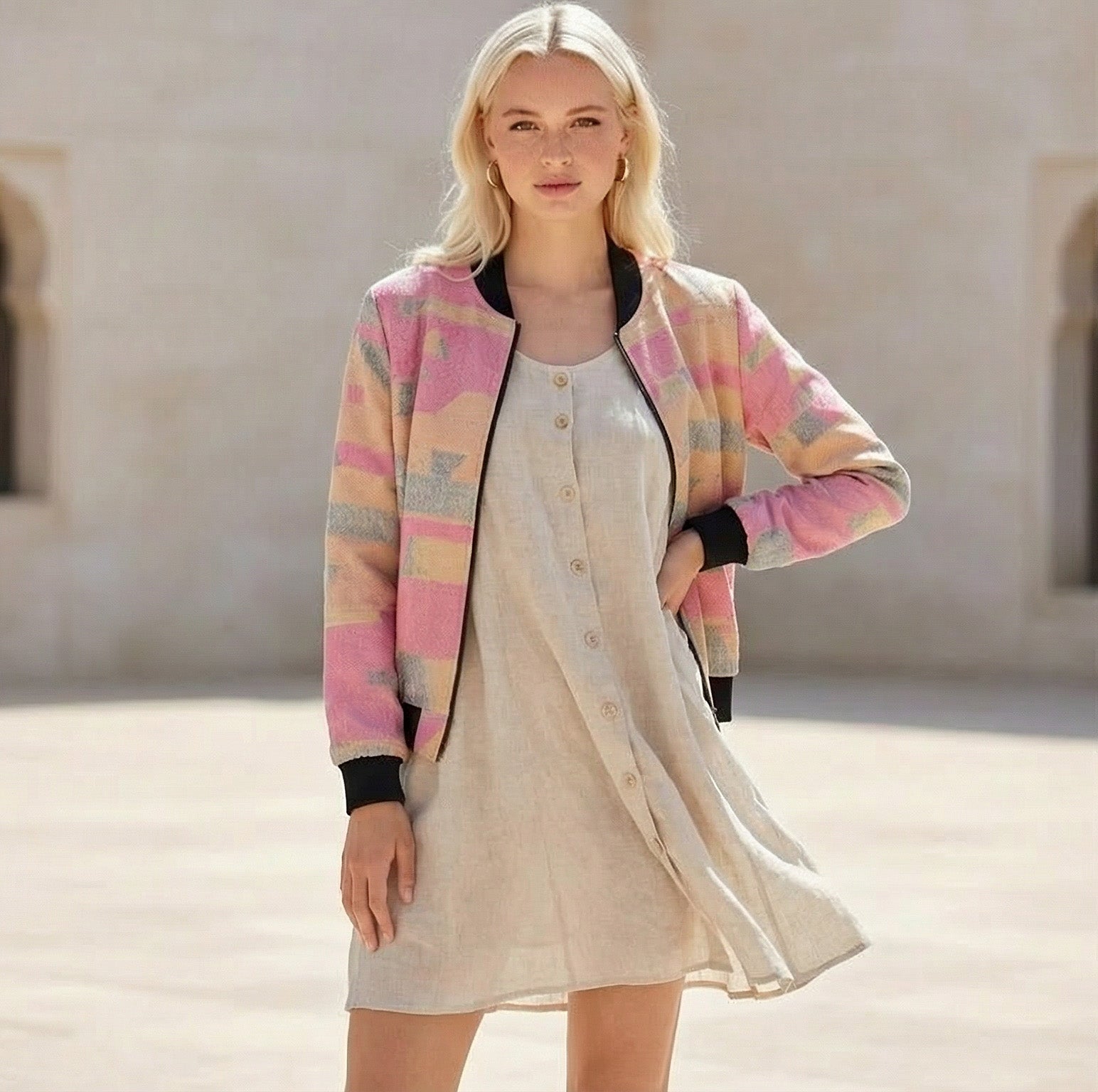 228. Women's Blush Strata Abstract Bomber Jacket