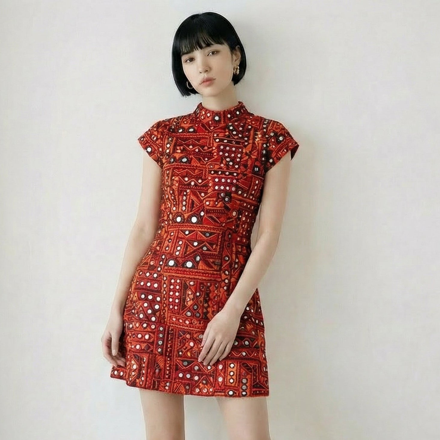 custom black and red mini dress with embroidery and faux mirror work