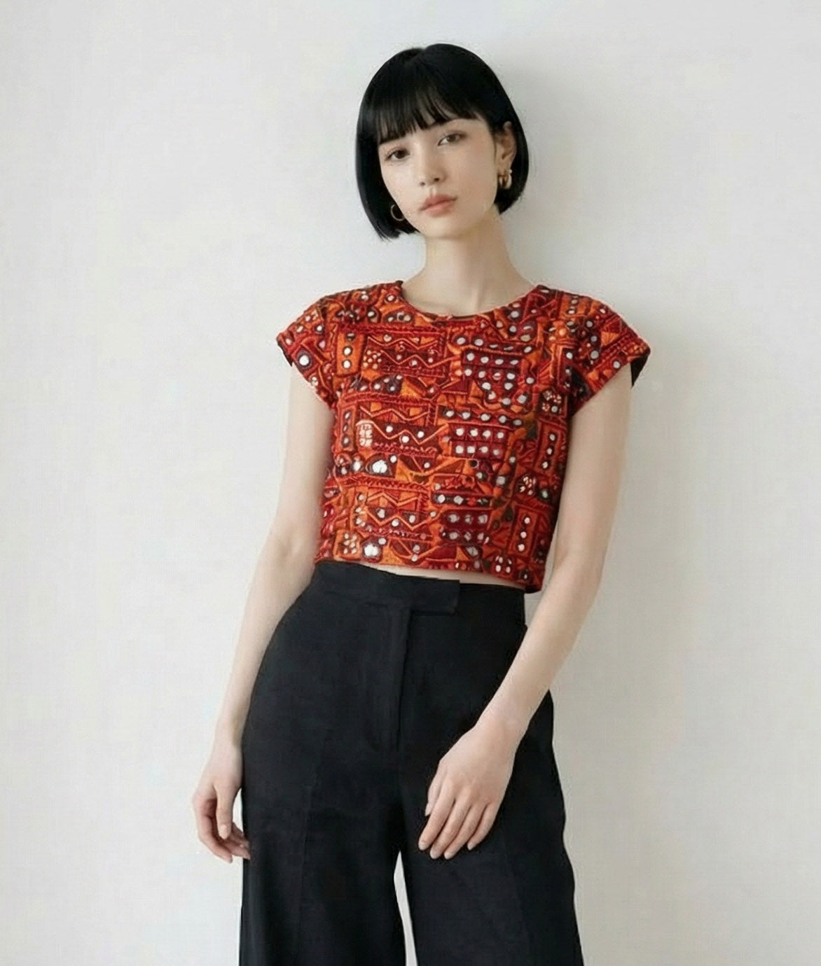 custom red and black crop top with embroidery and faux mirror work