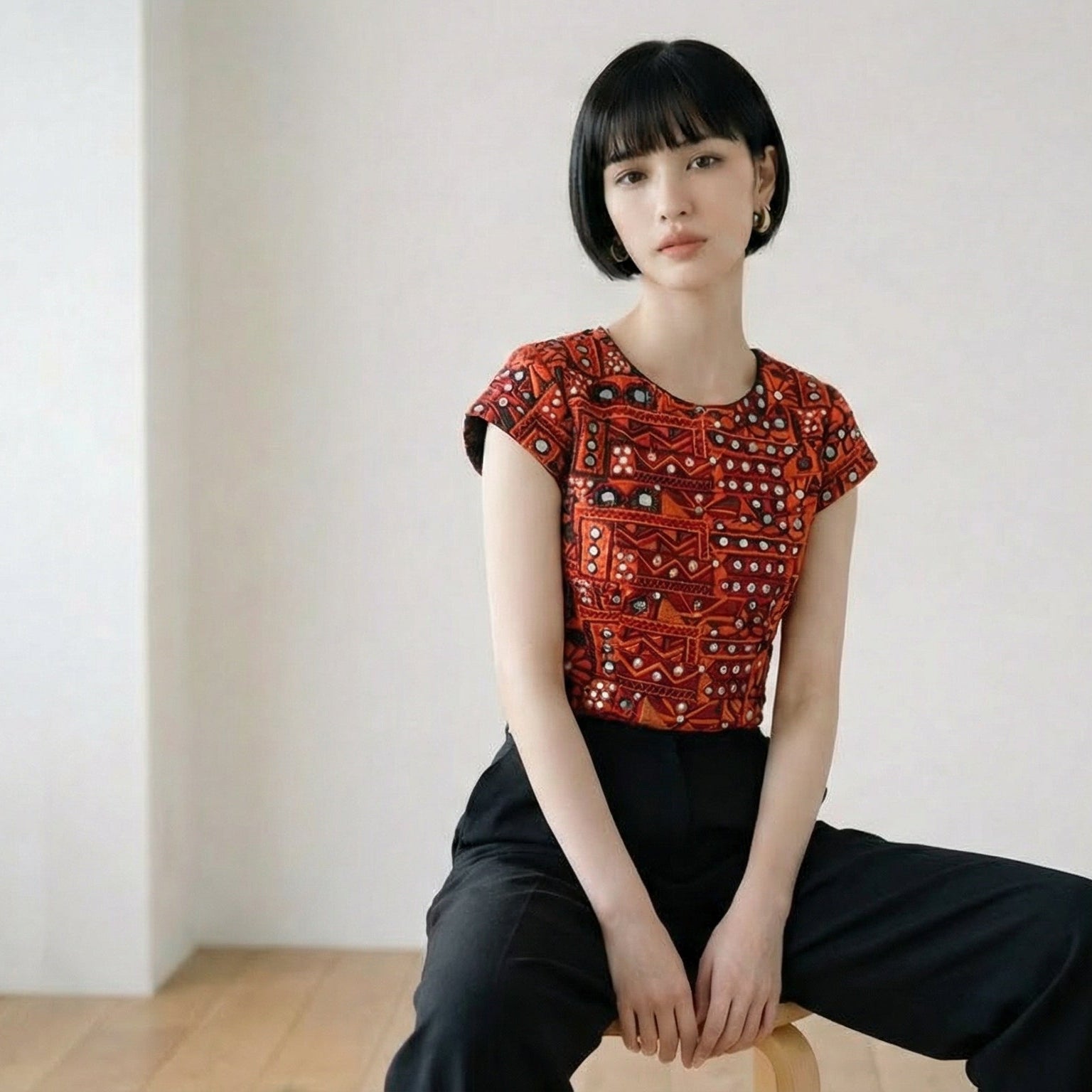 custom red and black crop top with embroidery and faux mirror work