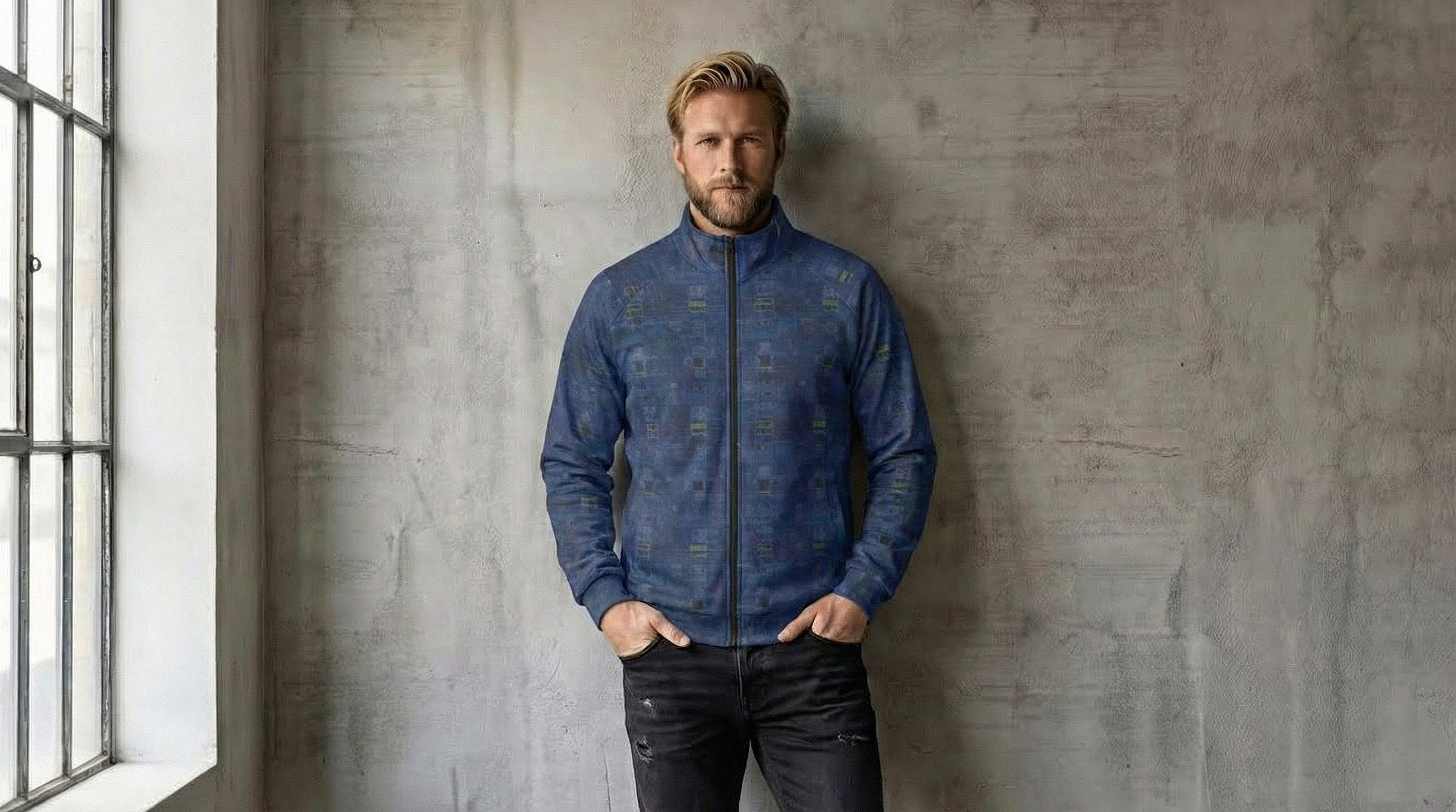 Men's Navy Cyan Digital Glitch Texture Stand Collar Jacket