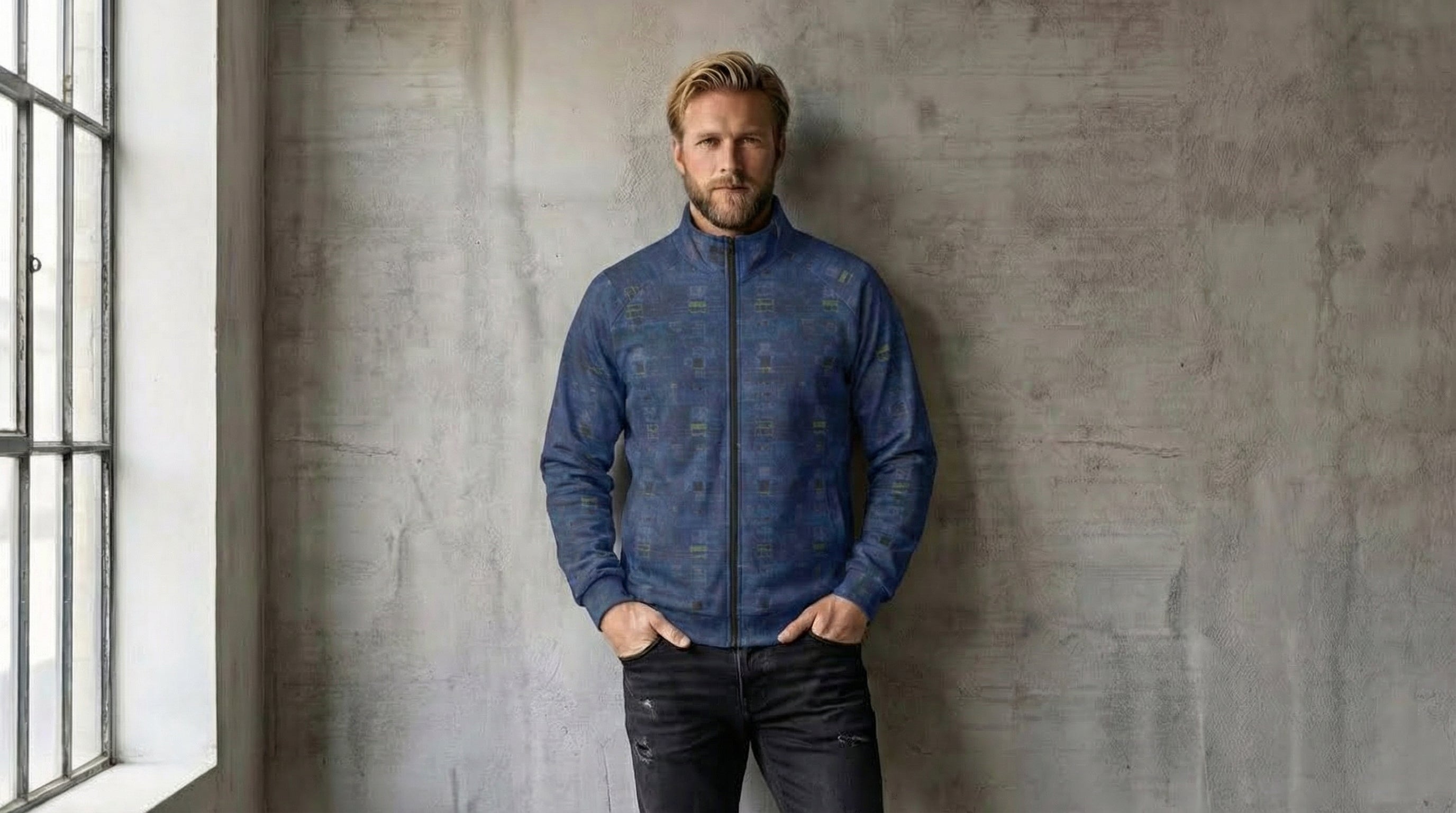 Men's Navy Cyan Digital Glitch Texture Stand Collar Jacket