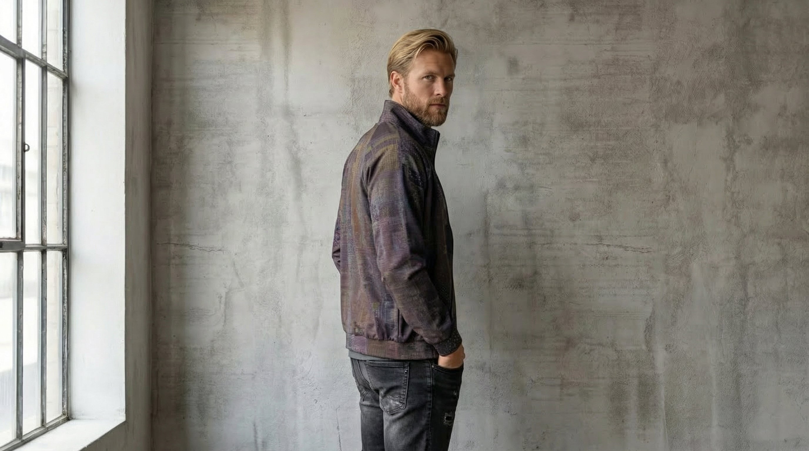 Men's Brown Abstract Glitch Texture Stand Collar Jacket