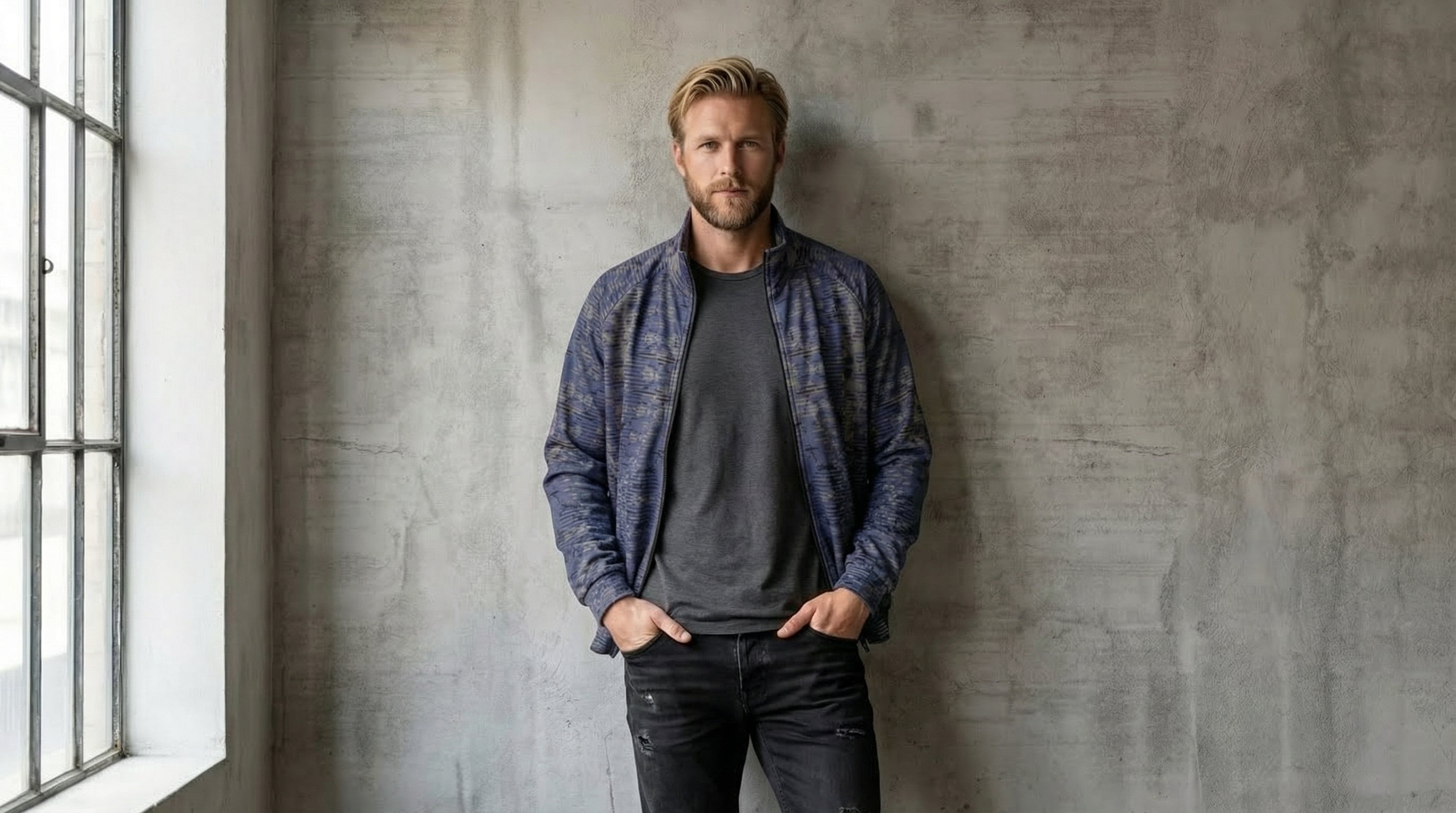 Men's Navy Abstract Glitch Stand Collar Jacket