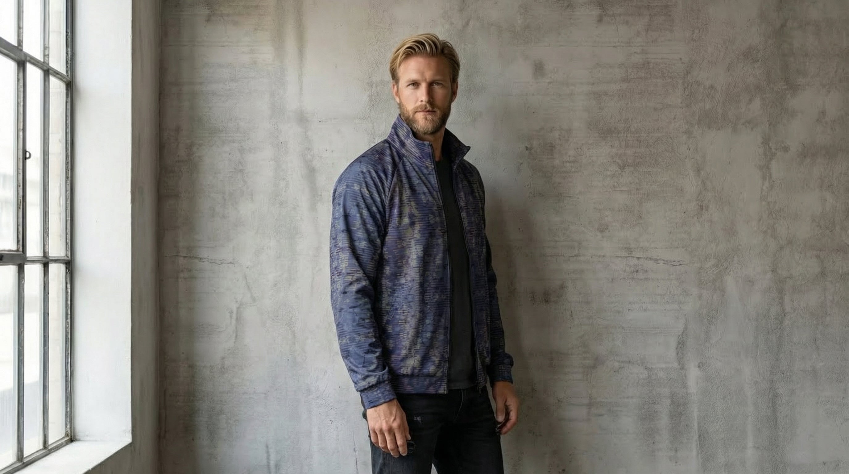Men's Navy Abstract Glitch Stand Collar Jacket