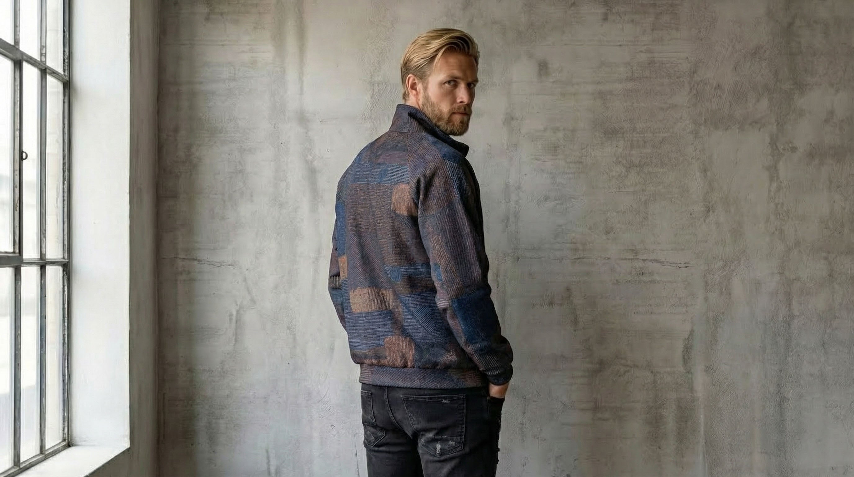 Men's Indigo Abstract Jacquard Texture Stand Collar Jacket