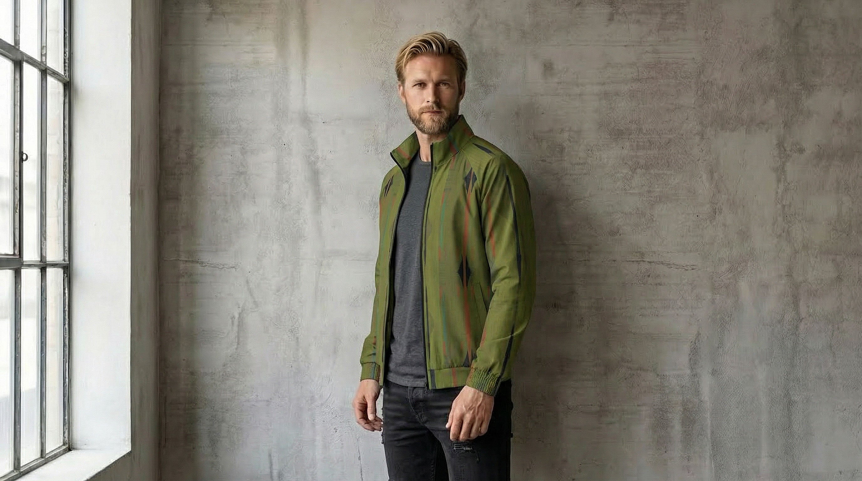 Men's Olive Green Outerwear Stand Collar Jacket