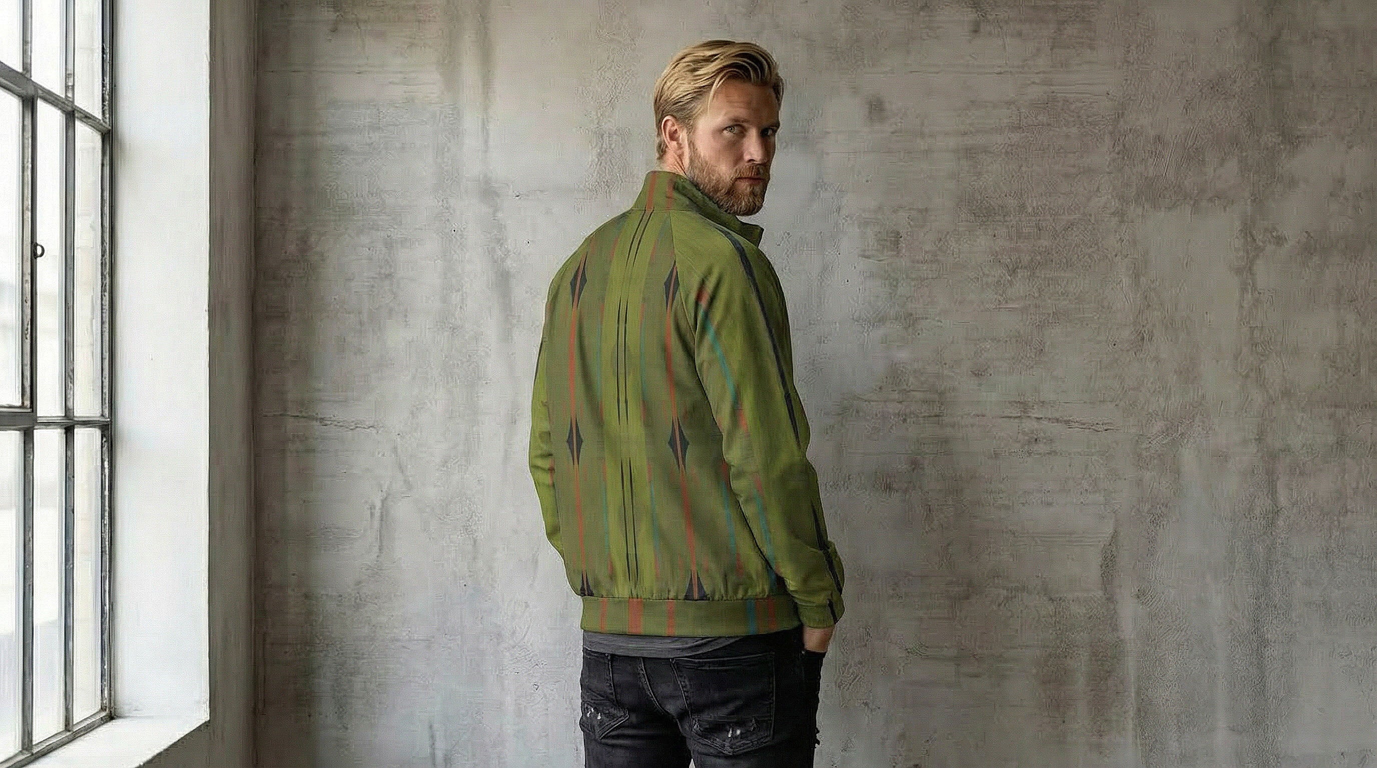 Men's Olive Green Outerwear Stand Collar Jacket