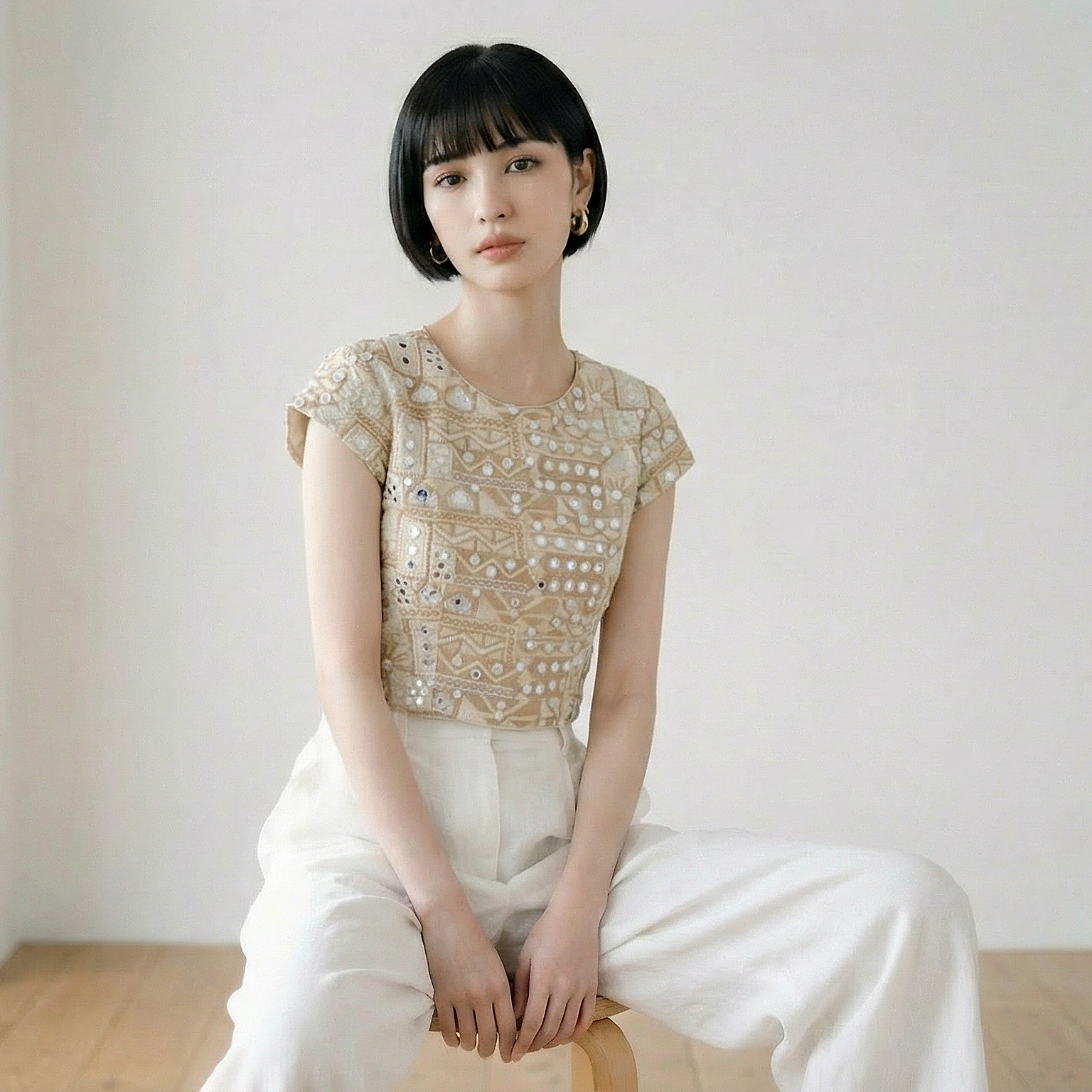 custom light Gold crop top with embroidery and faux mirror work