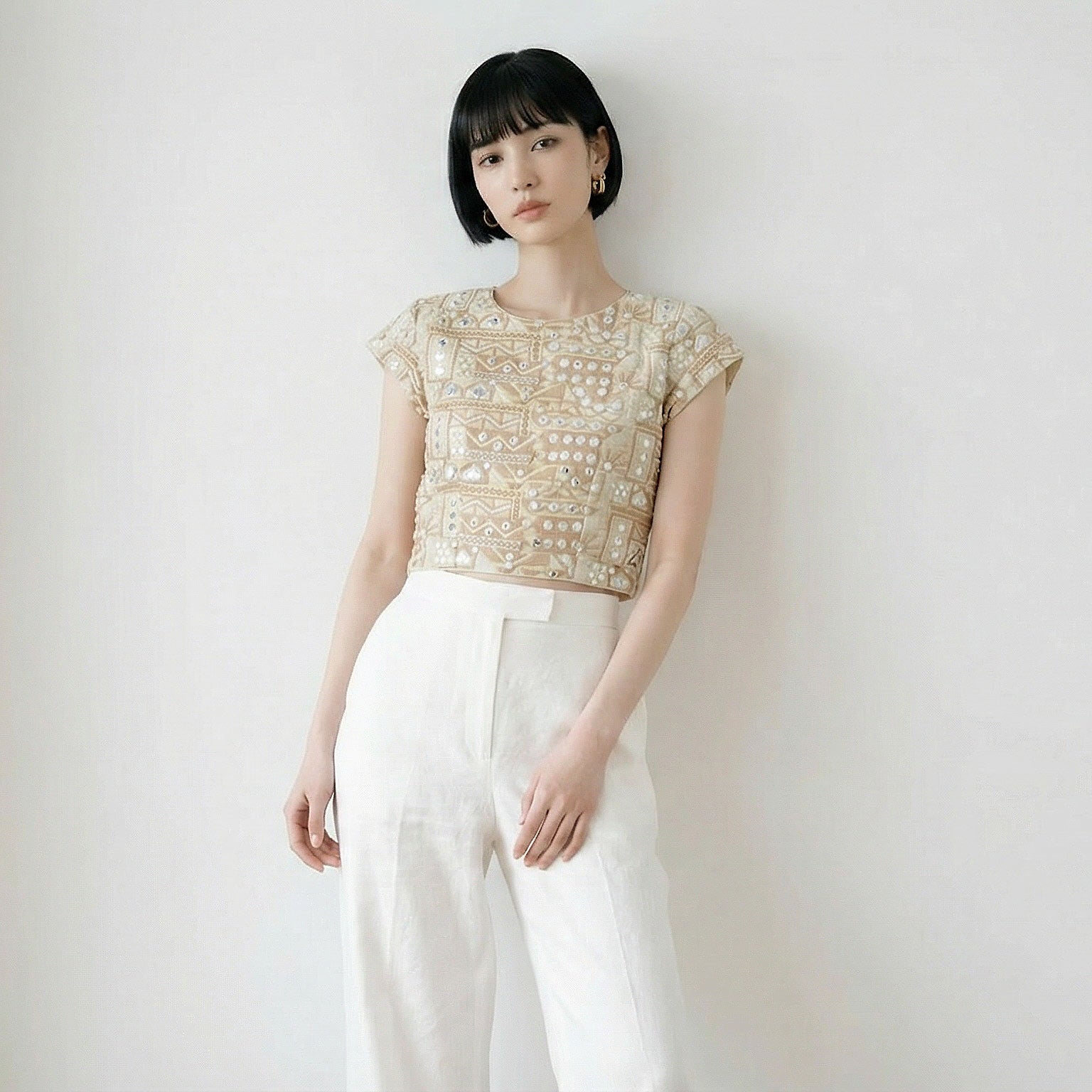 custom light Gold crop top with embroidery and faux mirror work