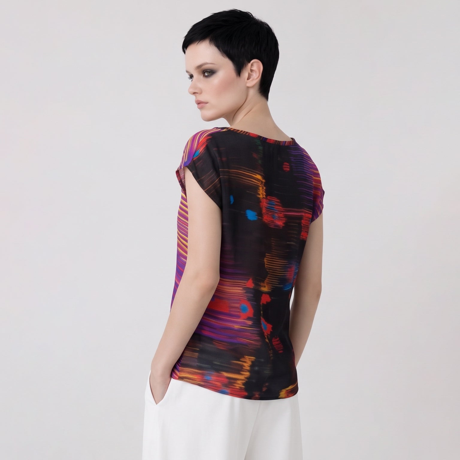 Women's Purple Abstract Print Viscose Chiffon Top – Lightweight Artistic Cap Sleeve Blouse