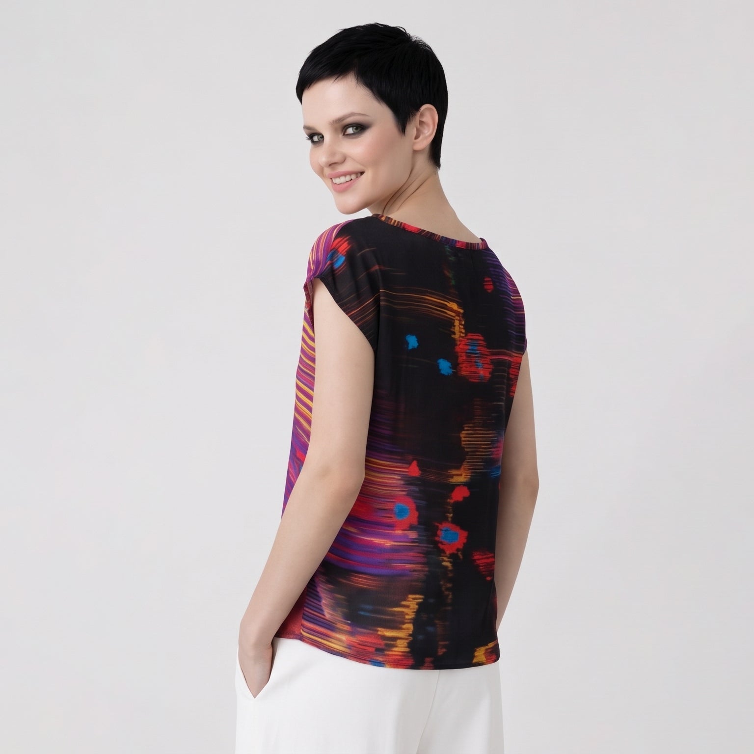 Women's Purple Abstract Print Viscose Chiffon Top – Lightweight Artistic Cap Sleeve Blouse