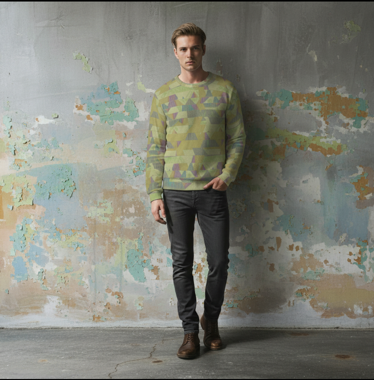 Men's Lime Green Geometric Pattern Thicken Sweater