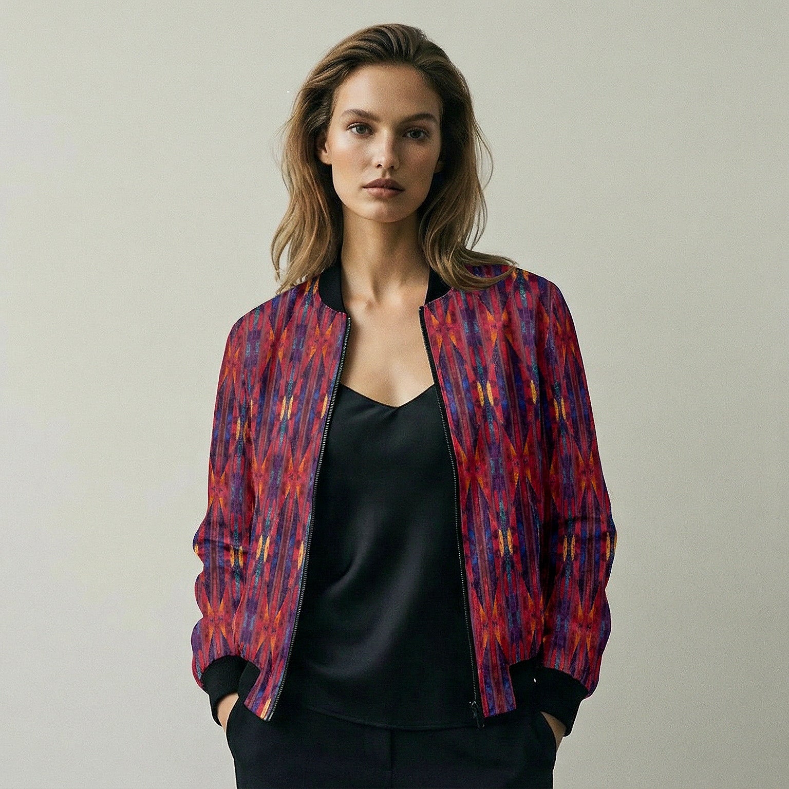 228. Women's Magenta Blue Painted Flame Bomber Jacket