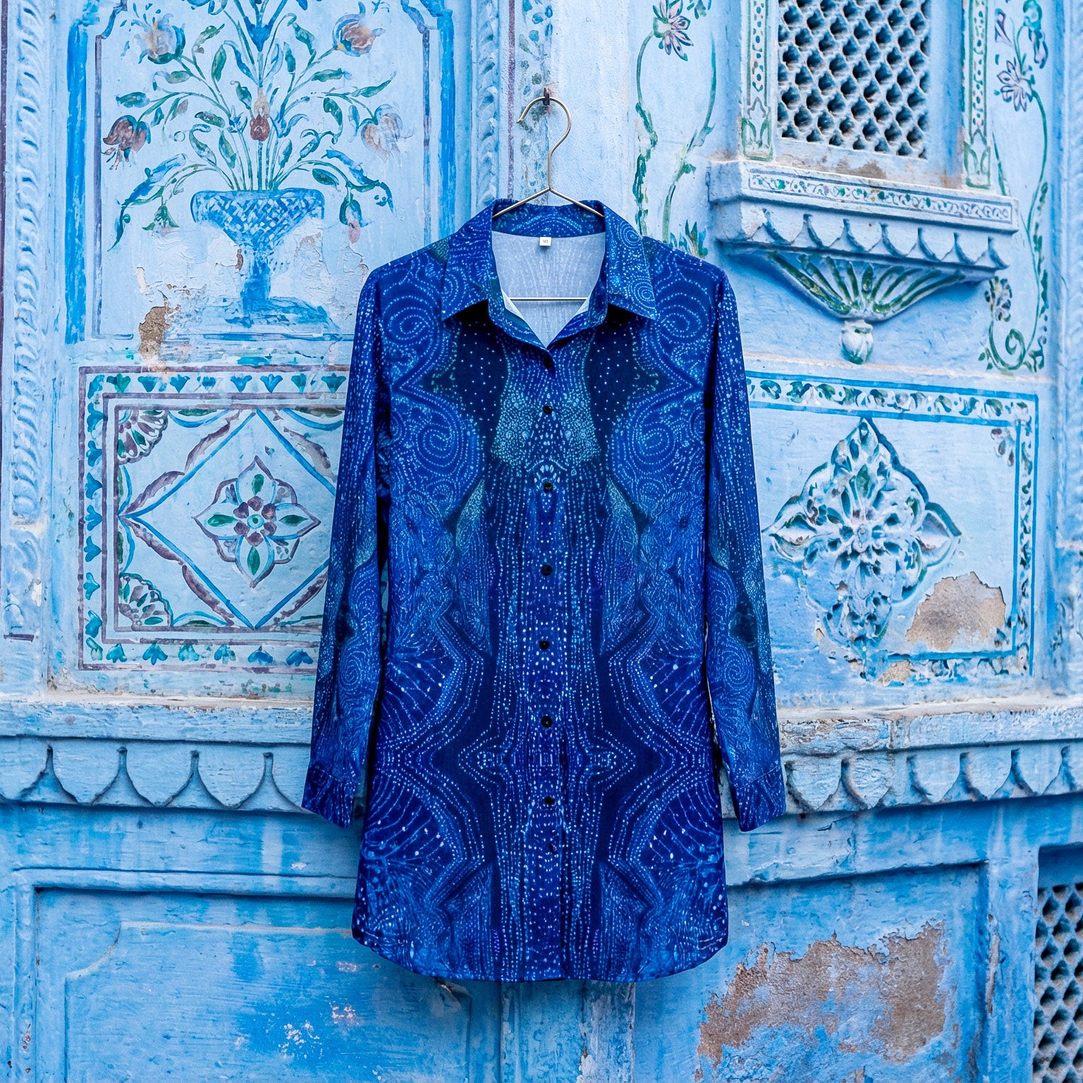 Women's Blue Abstract Pattern Lapel Shirt Dress