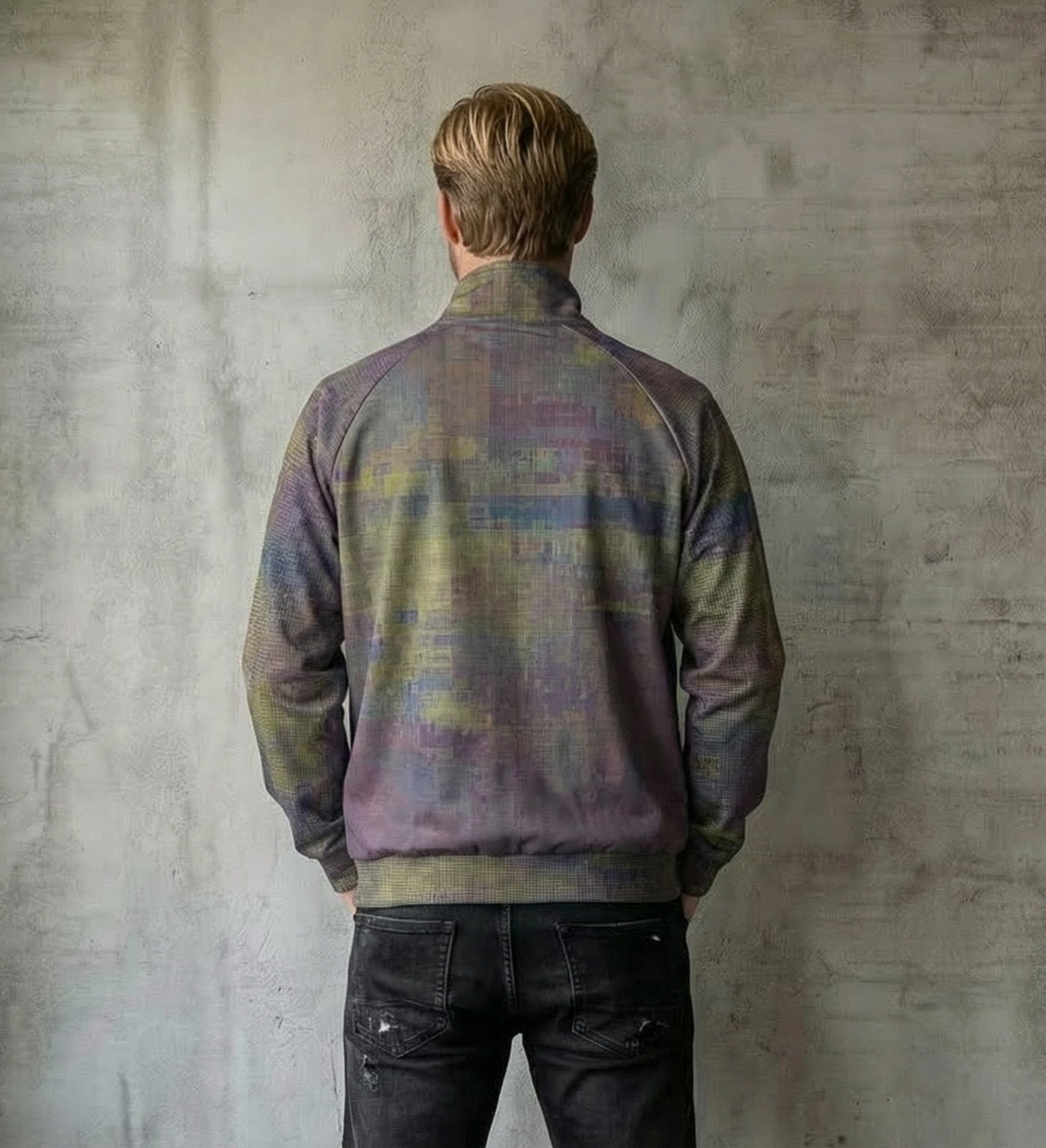 Men's Purple Glitch Texture Stand Collar Jacket