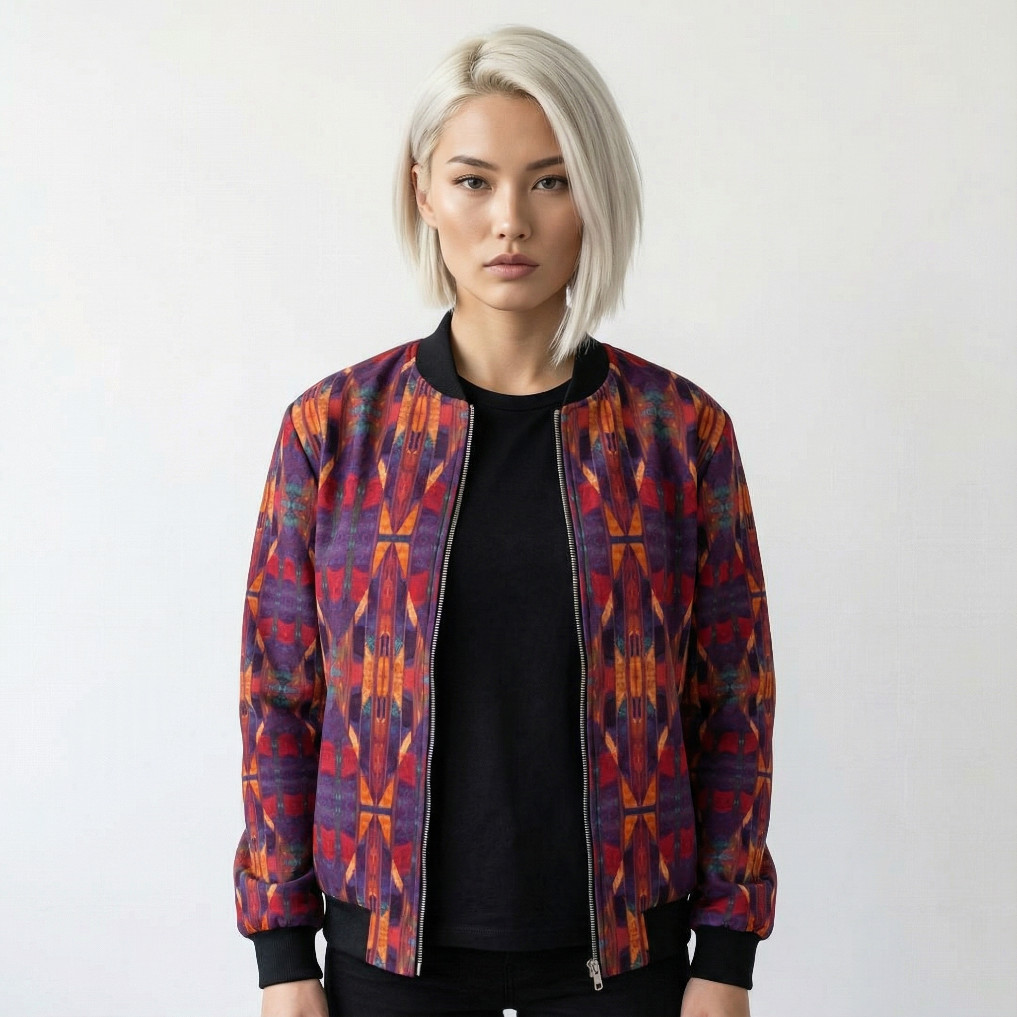 Women's Red Blue CrissCross Ladies Bomber Jacket