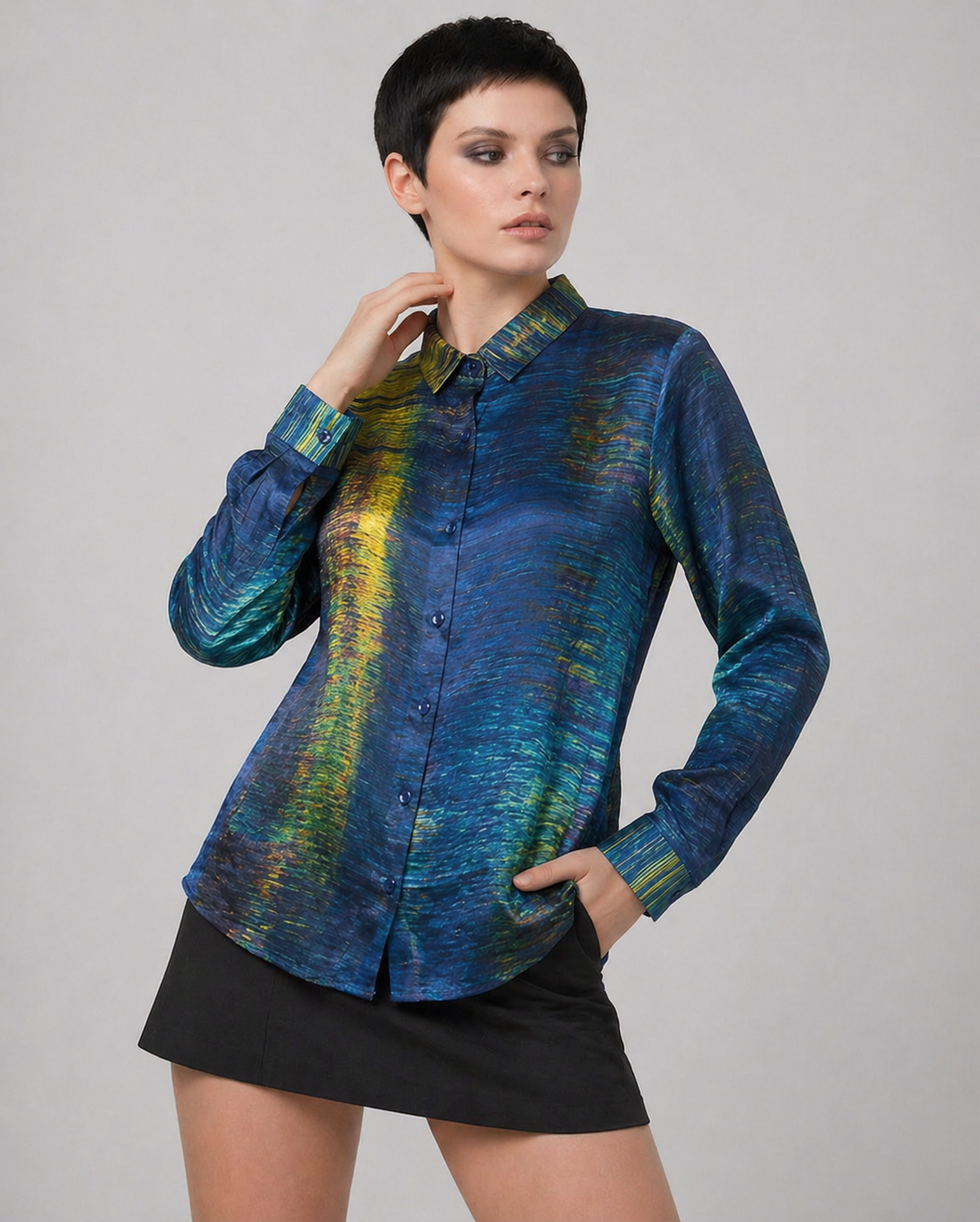 Women's Viscose Silk Art Shirt | Aquatica Abstract Print Button Up Blouse | Long Sleeve Statement Shirt | Gift for Art Lover