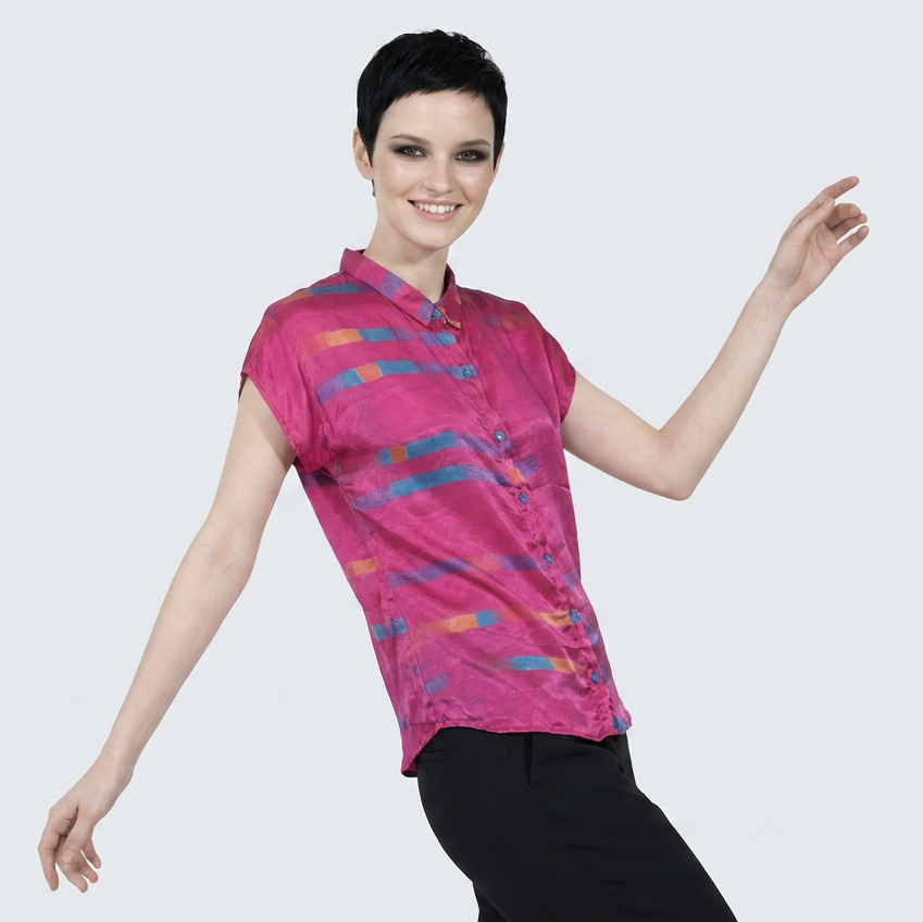 Women's Viscose Silk Art Shirt | Magenta Stripes Abstract Print Button Up Blouse | Cap Sleeve Statement Shirt | Gift for Art Lover