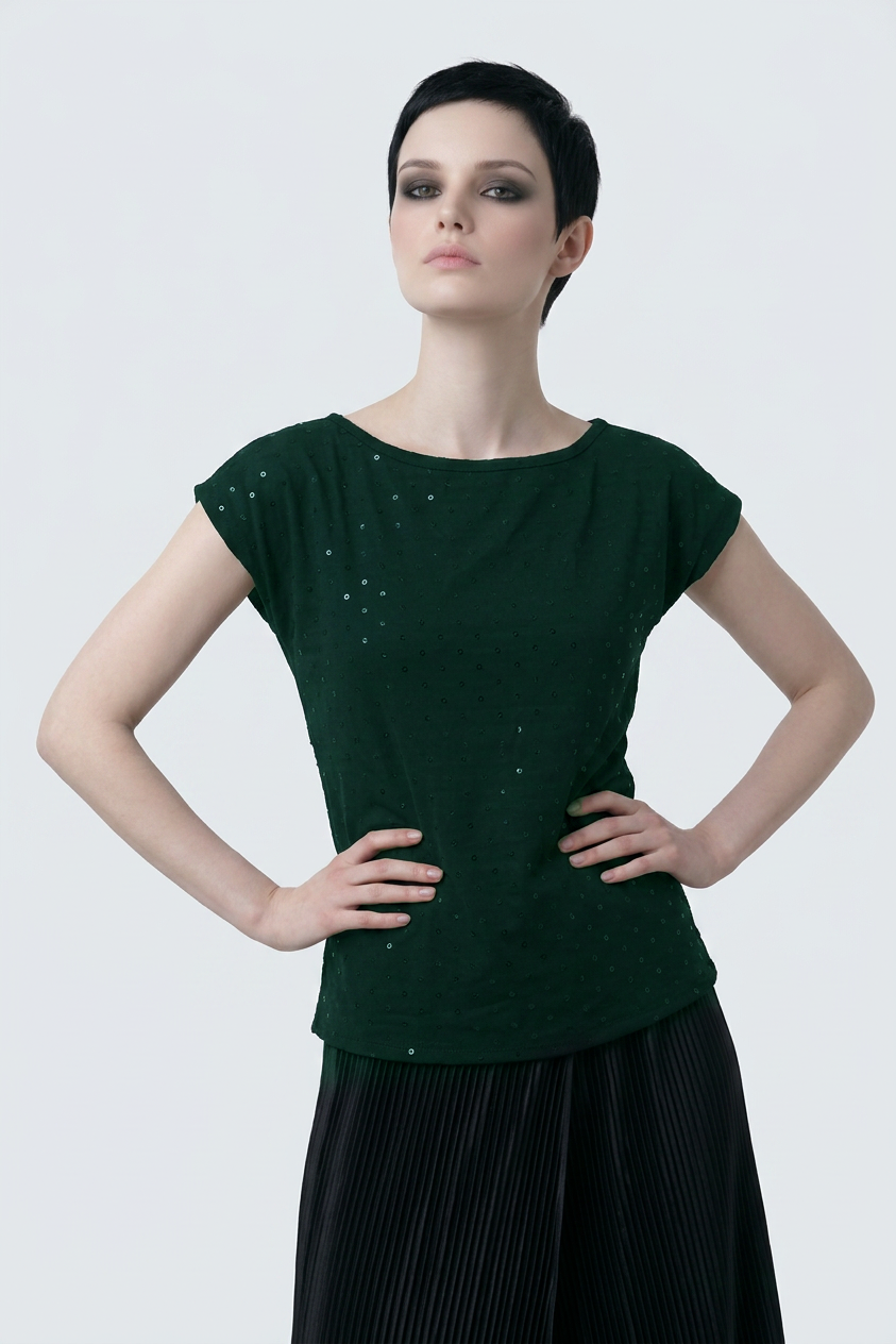 Dark Green Schiffli Embroidered Rayon Top for Women | Sequin Cap Sleeve Blouse | Lightweight Summer Casual Top