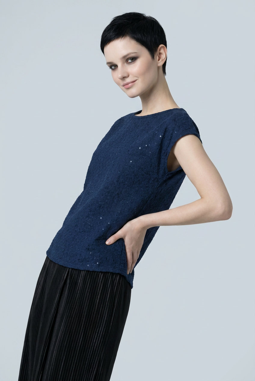 Blue Schiffli Embroidered Rayon Top for Women | Sequin Cap Sleeve Blouse | Lightweight Summer Casual Top