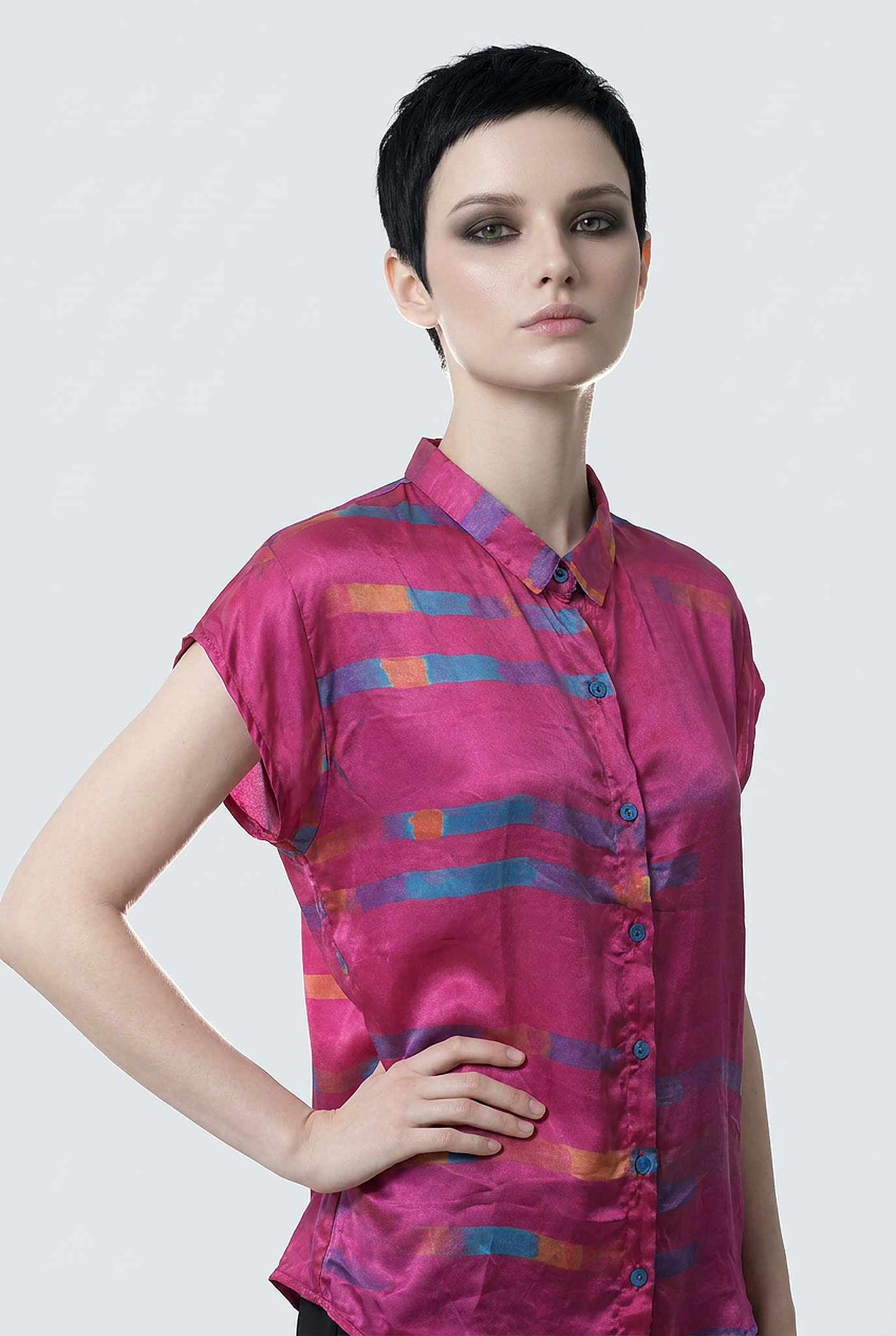 Women's Viscose Silk Art Shirt | Magenta Stripes Abstract Print Button Up Blouse | Cap Sleeve Statement Shirt | Gift for Art Lover
