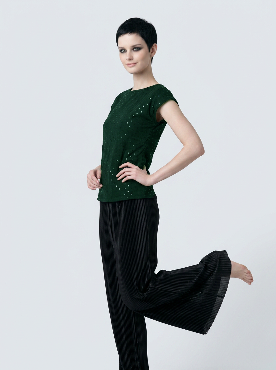 Dark Green Schiffli Embroidered Rayon Top for Women | Sequin Cap Sleeve Blouse | Lightweight Summer Casual Top