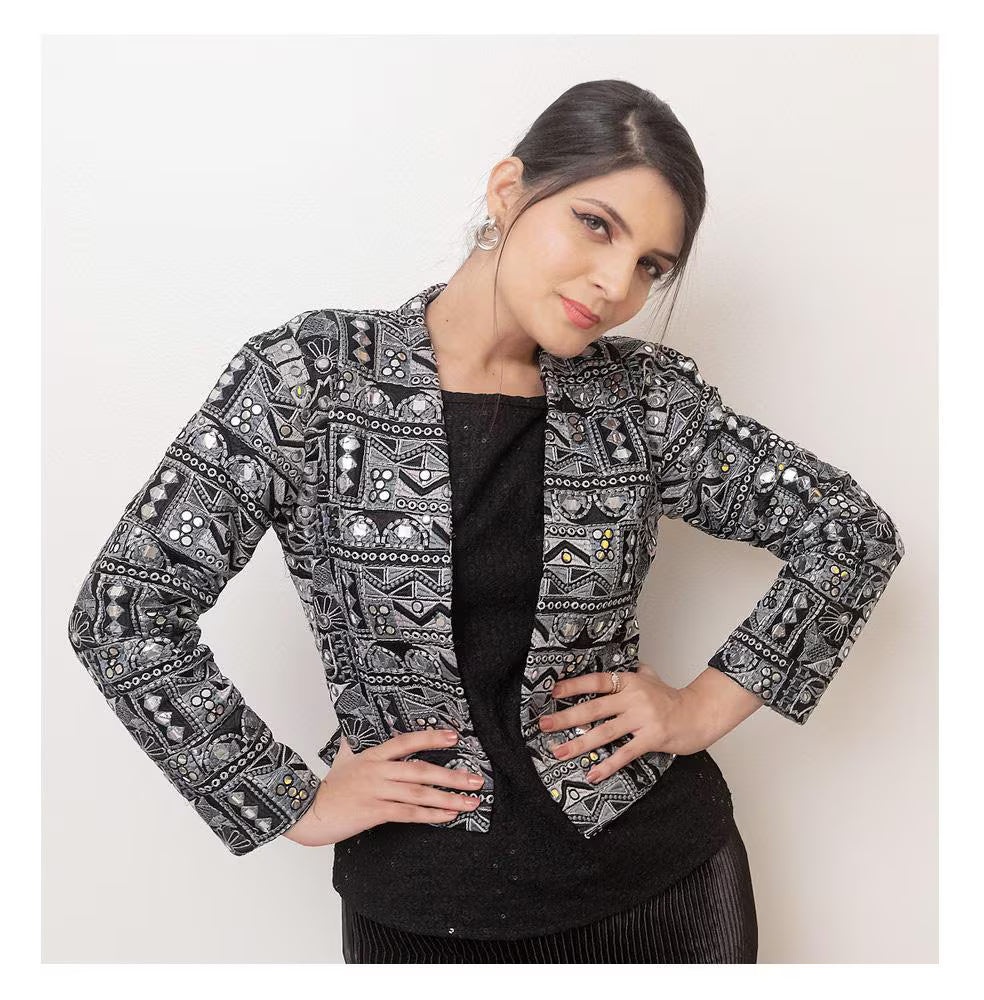Supercool faux mirror work Banjara jacket in black and grey