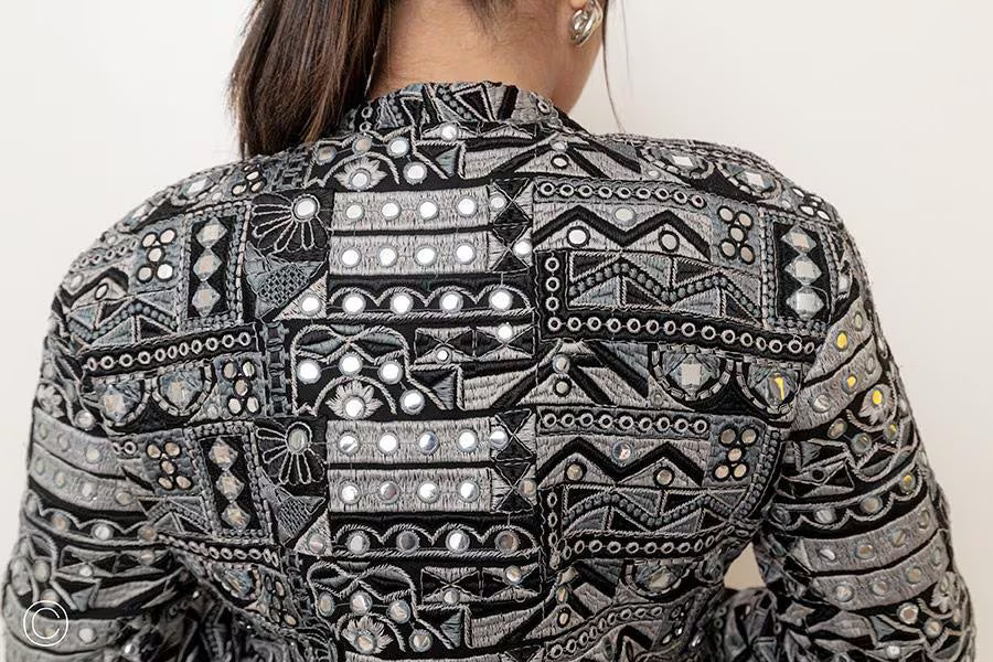 Supercool faux mirror work Banjara jacket in black and grey