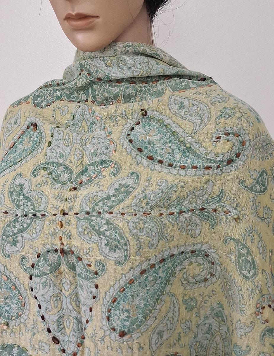 Super soft, Boiled Wool Hand-Embroidered Knit Shawl Scarf with paisleys – Handmade in India