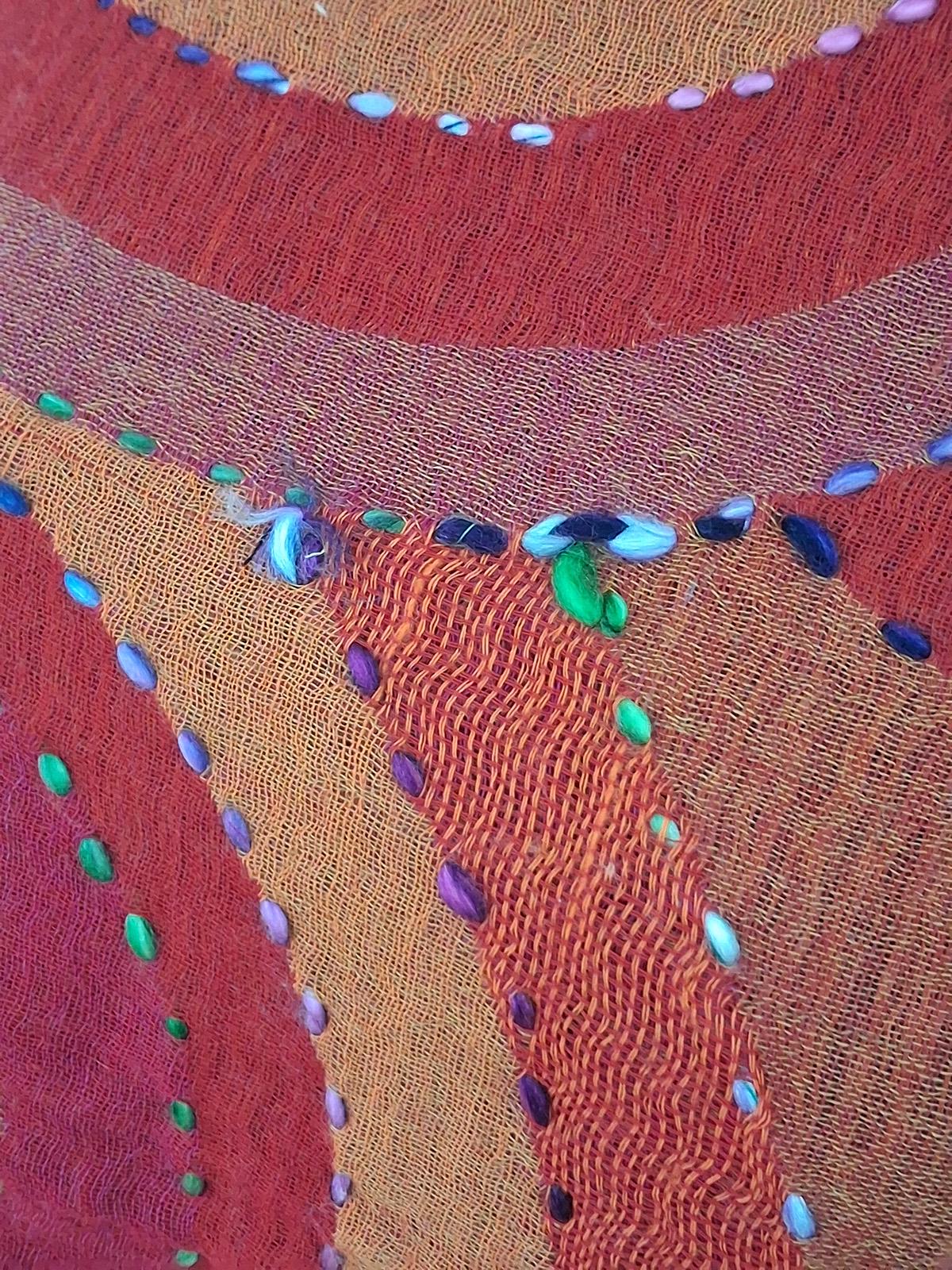 Hand-Embroidered Boiled Wool Shawl Scarf, Red Orange Arc Design, Handmade India