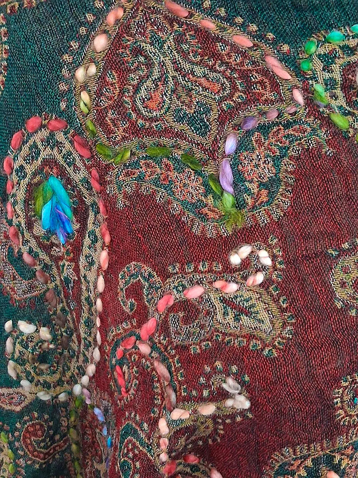 Exquisite super soft, boiled Wool Hand-Embroidered Shawl Scarf with a paisley ornament design