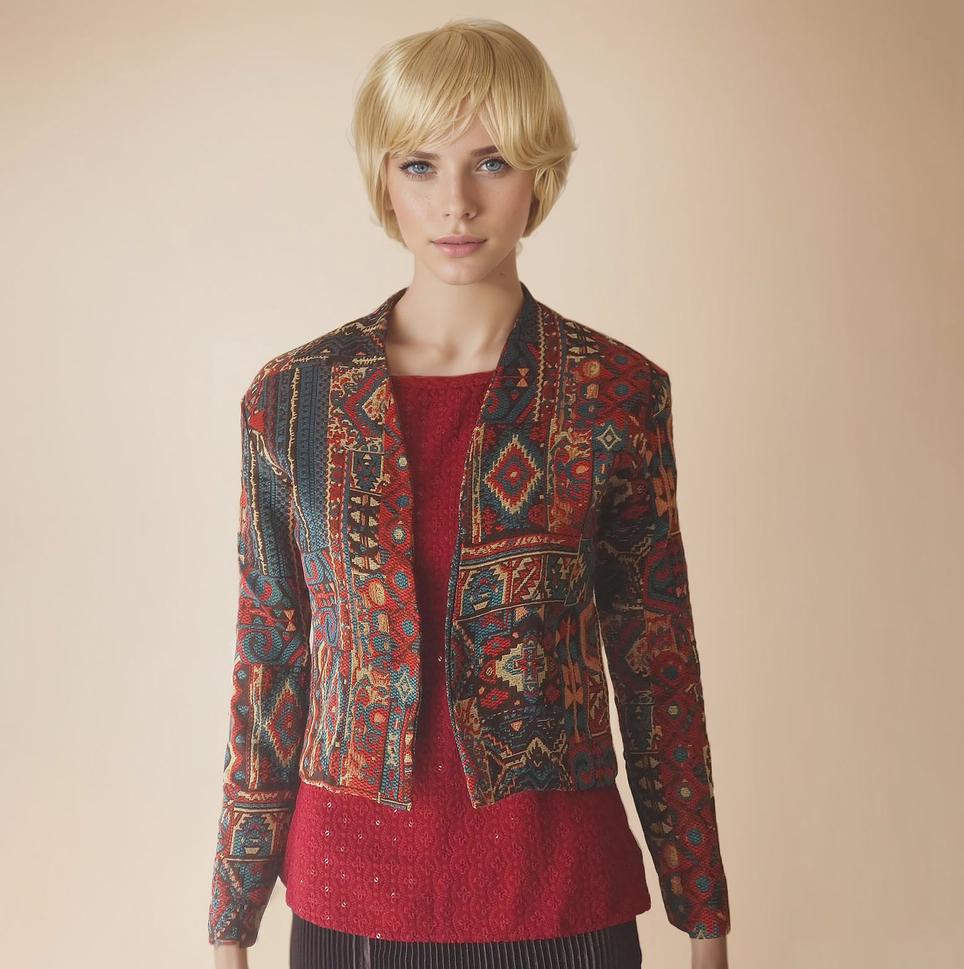Supercool Short Jacquard Kilim Jacket – Tribal Pattern – Boho Chic Outerwear – Unique