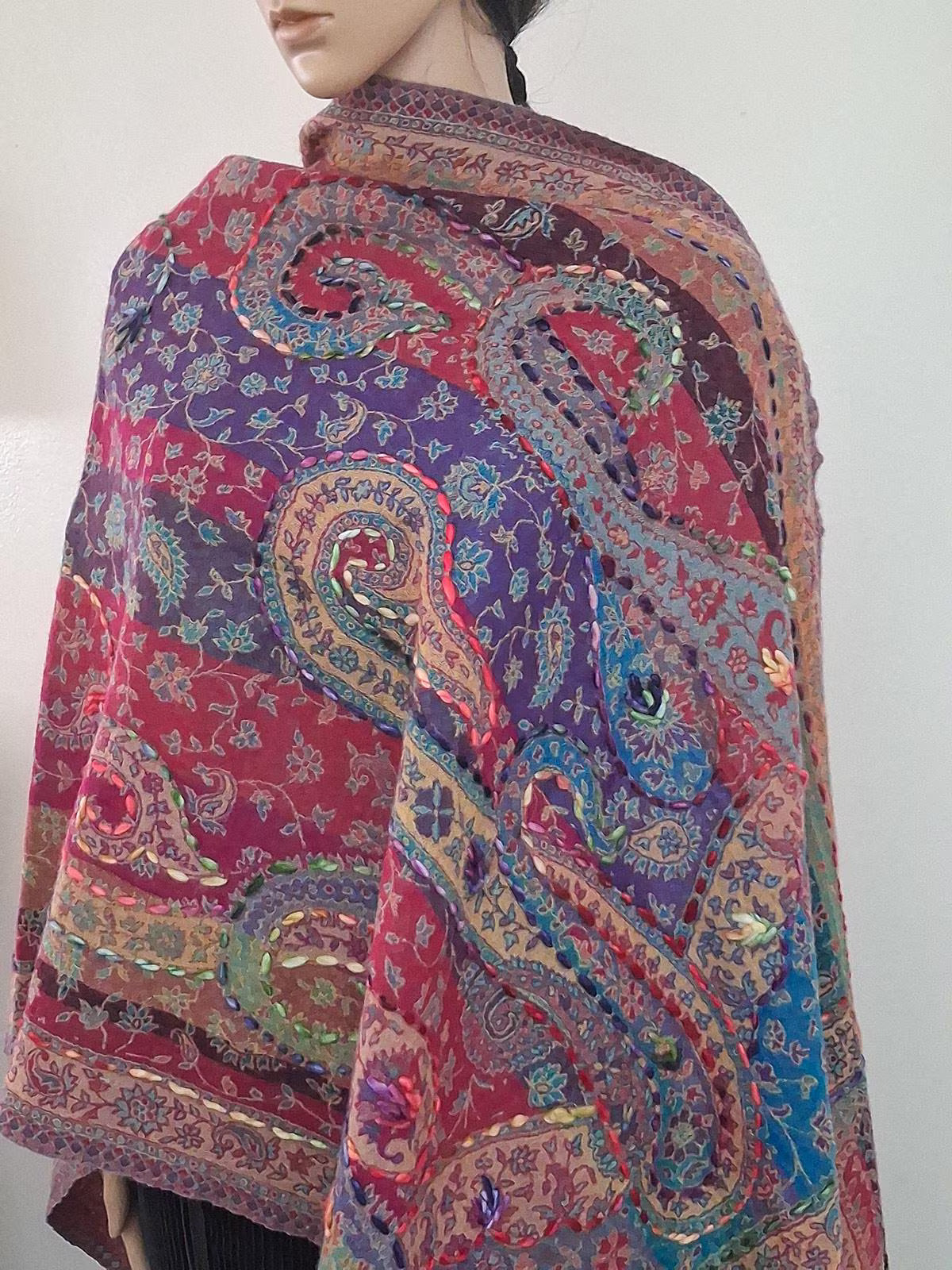 Hand-Embroidered Boiled Wool Scarf, Paisley Shawl