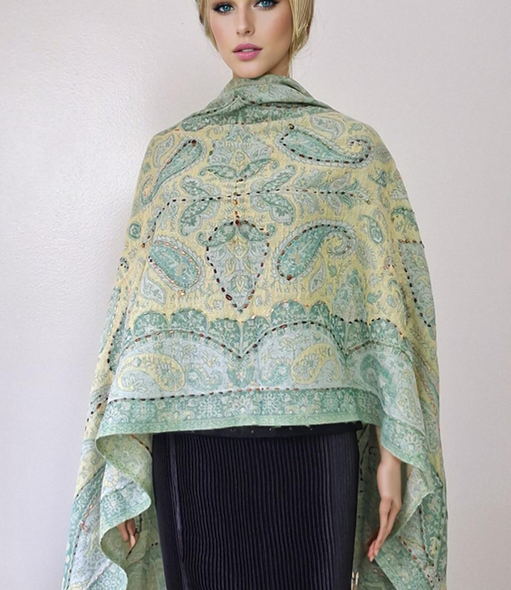 Super soft, Boiled Wool Hand-Embroidered Knit Shawl Scarf with paisleys – Handmade in India