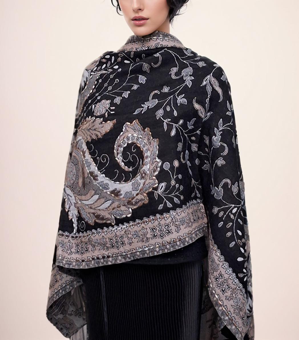 Elegant Black Paisley Embroidered Shawl with Intricate Floral Detailing