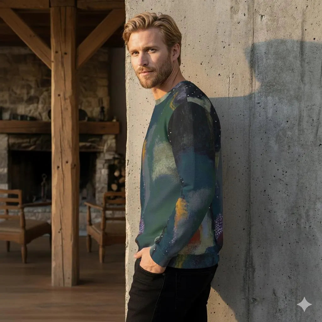 Men's Navy Green Teal Abstract Painting Thicken Sweater