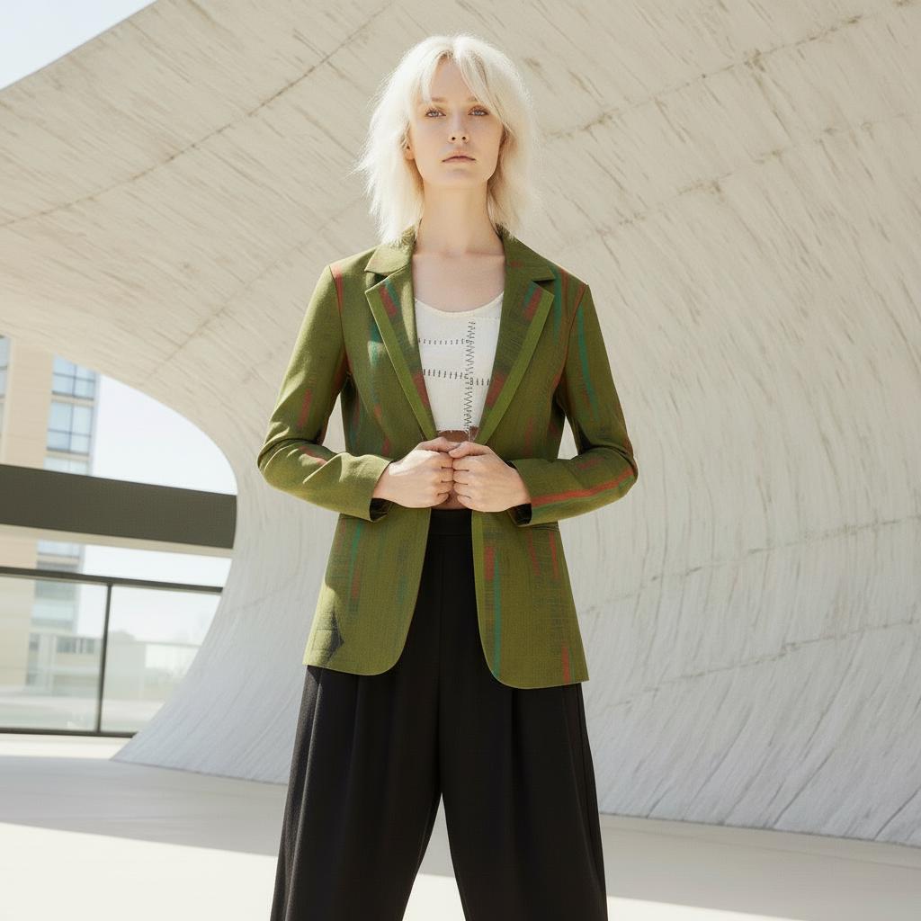 Women's Olive Green Red Stripe Texture Blazer - Modern Tribal Print Jacket