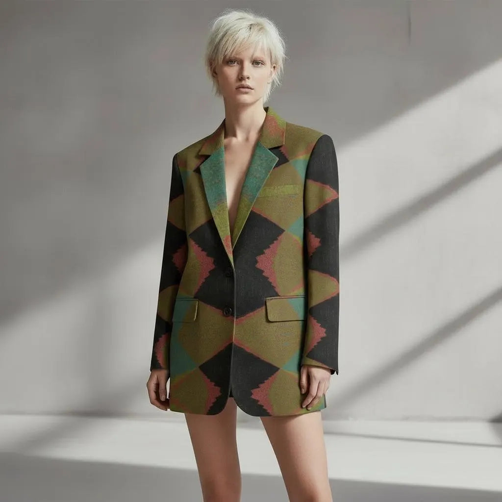 Women's Khaki Black Geometric Print Blazer - Abstract Diamond Pattern Jacket