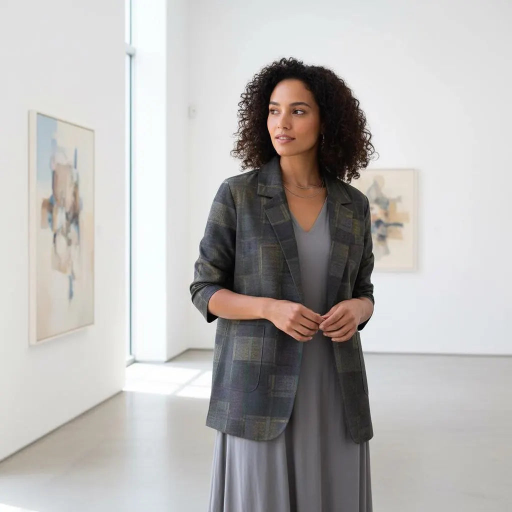 Women's Dark Olive Plaid Blazer - Grunge Abstract Check Jacket