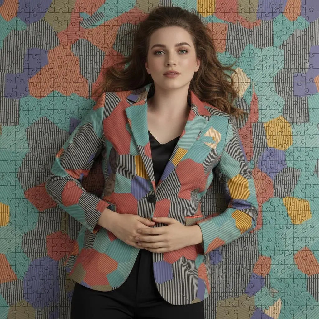 Women's Teal Rust Blue Geometric Blazer - Abstract Patchwork Jacket